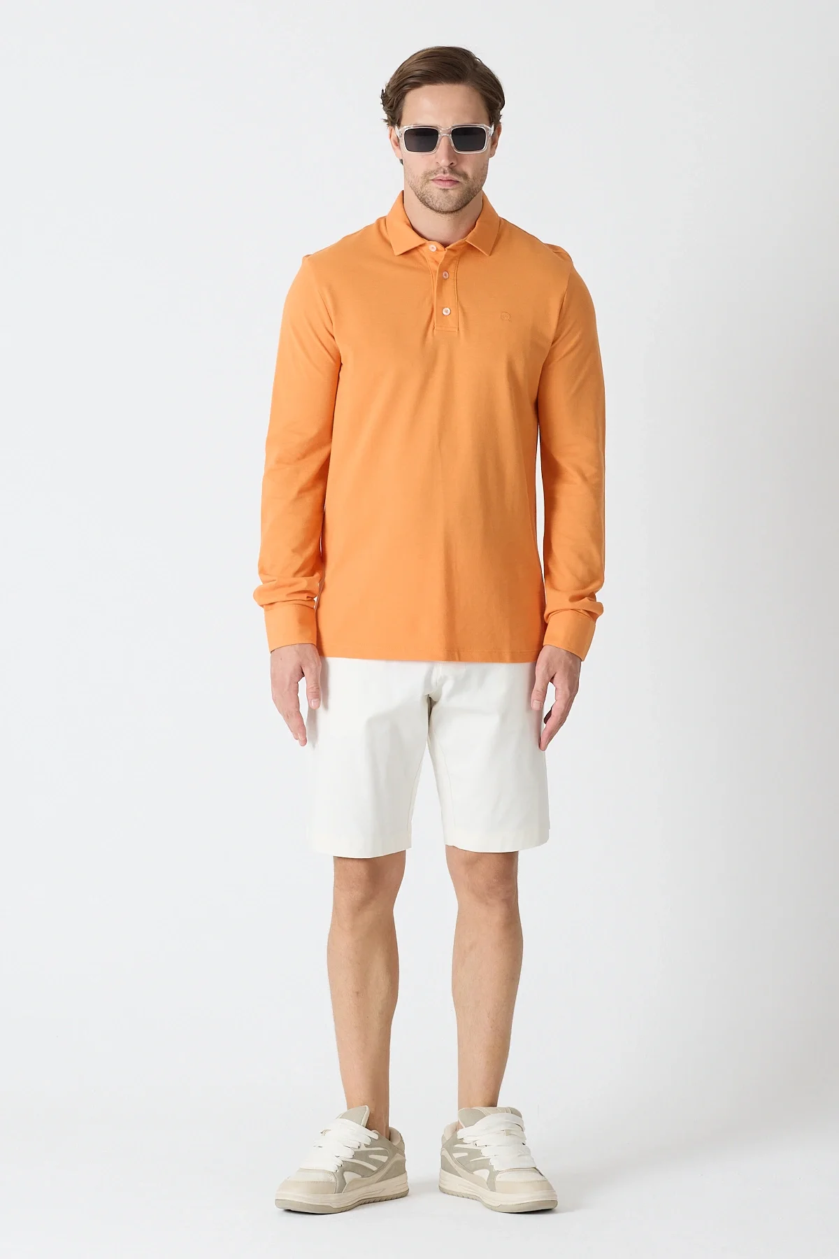 Erkek Polo Yaka Uzun Kollu Sweatshirt - Turuncu