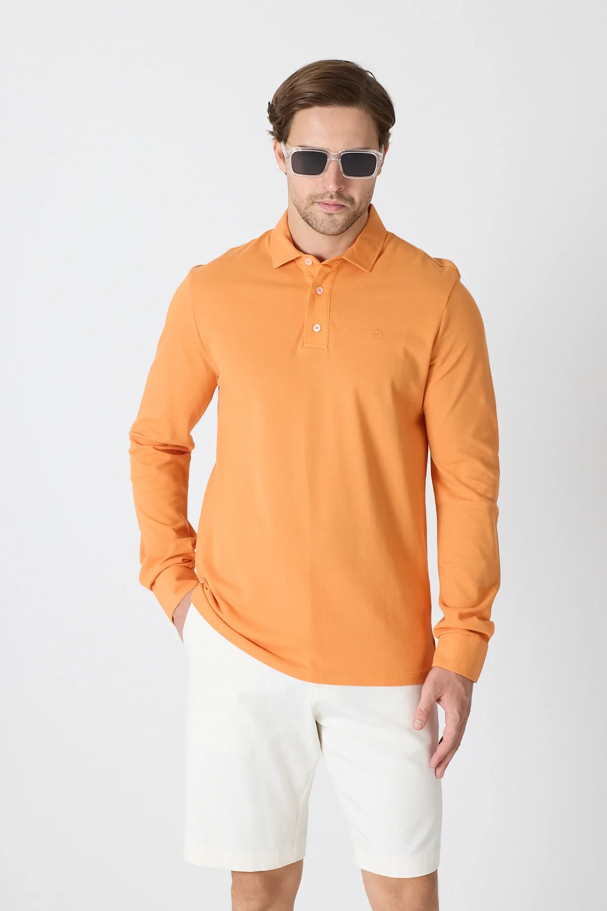 Erkek Polo Yaka Uzun Kollu Sweatshirt - Turuncu