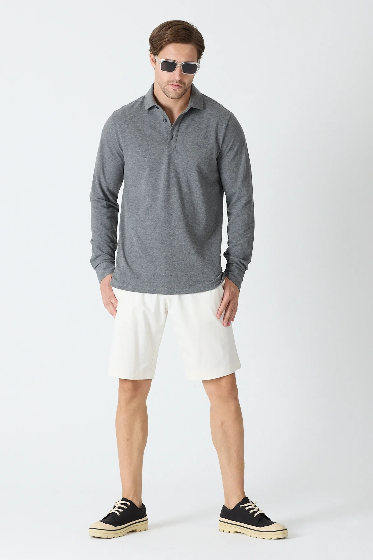 Erkek Uzun Kollu Polo Yaka Comfort Sweatshirt - Antrasit Gri