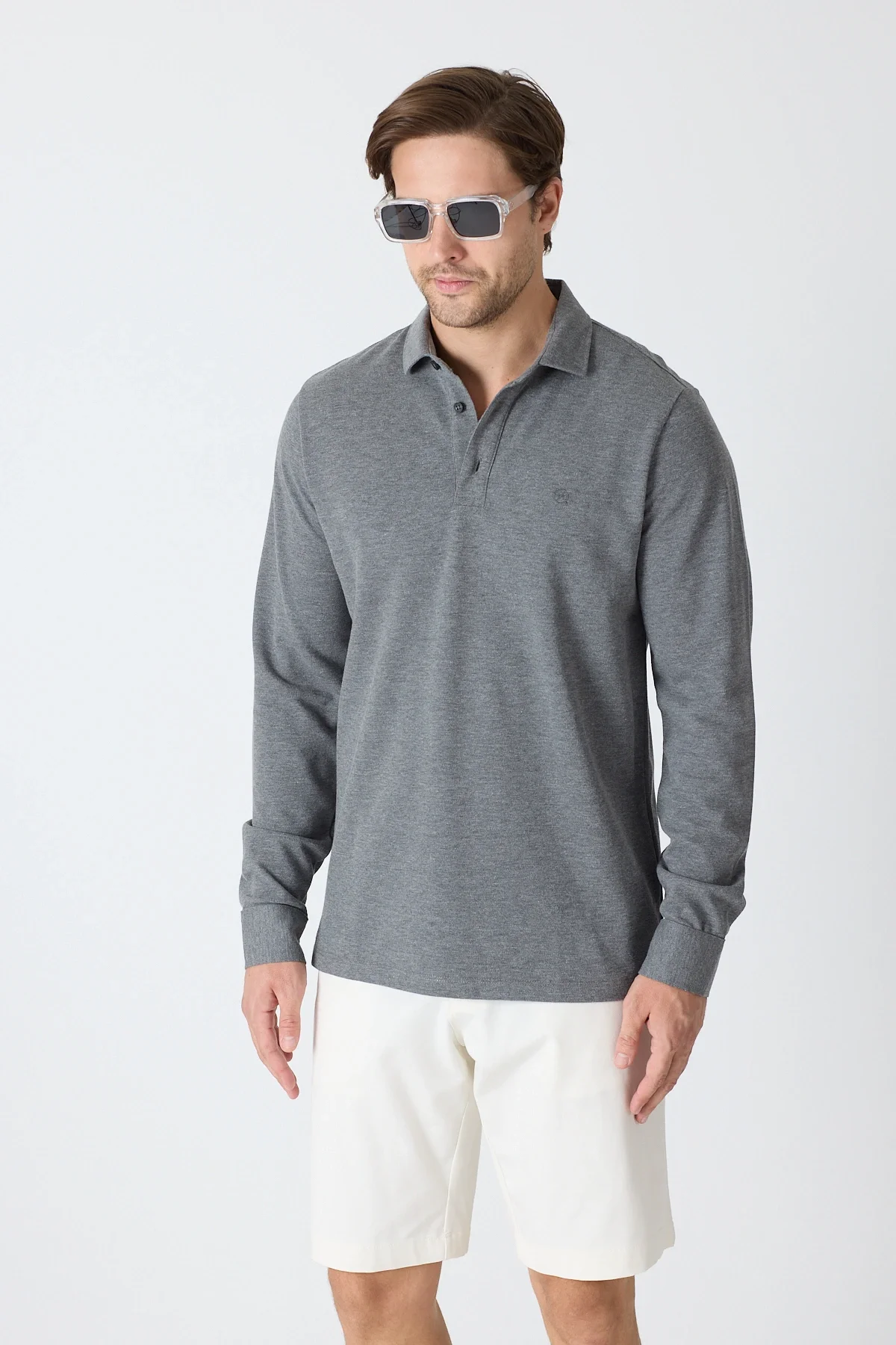 Erkek Uzun Kollu Polo Yaka Comfort Sweatshirt - Antrasit Gri