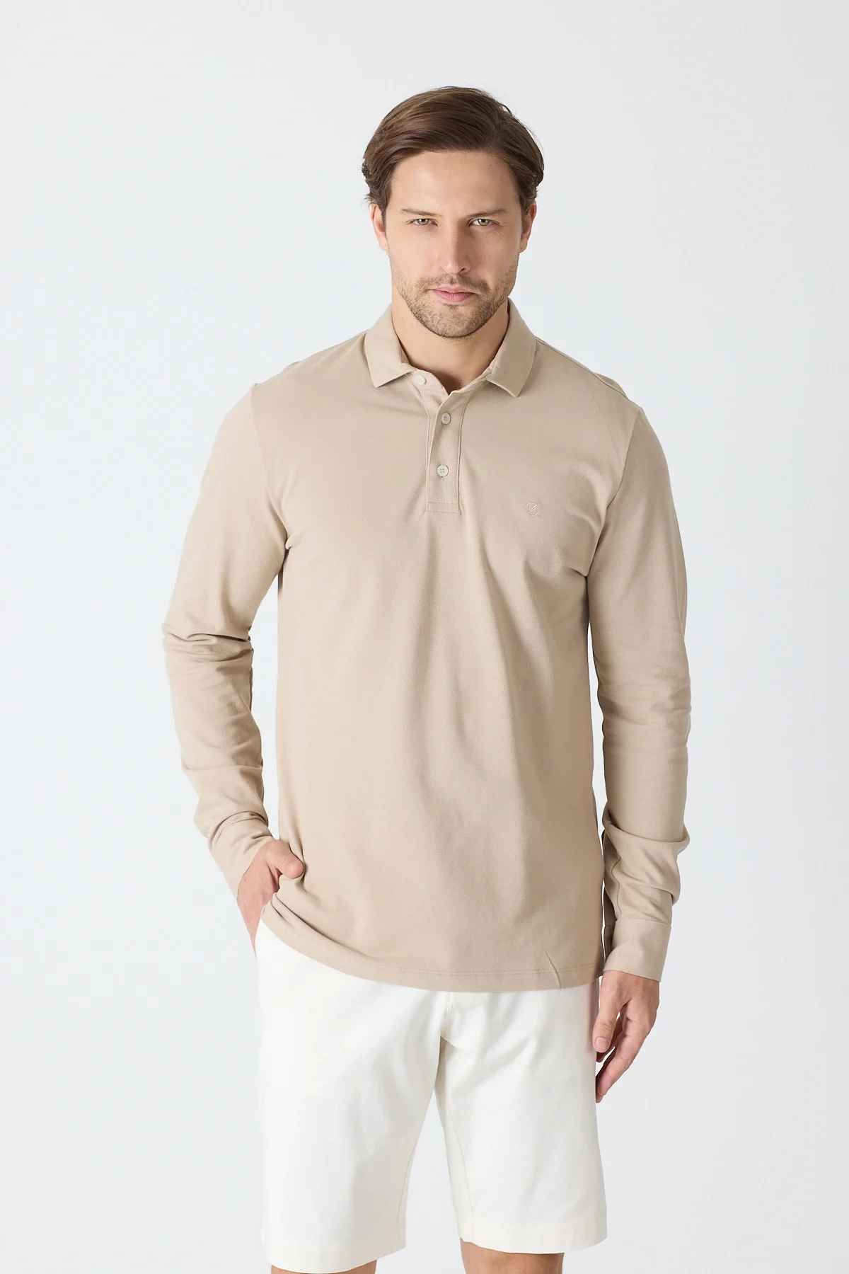 Erkek Uzun Kollu Polo Yaka Comfort Sweatshirt - Bej