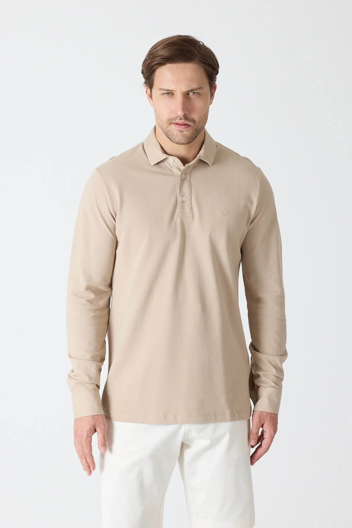 Erkek Uzun Kollu Polo Yaka Comfort Sweatshirt - Bej