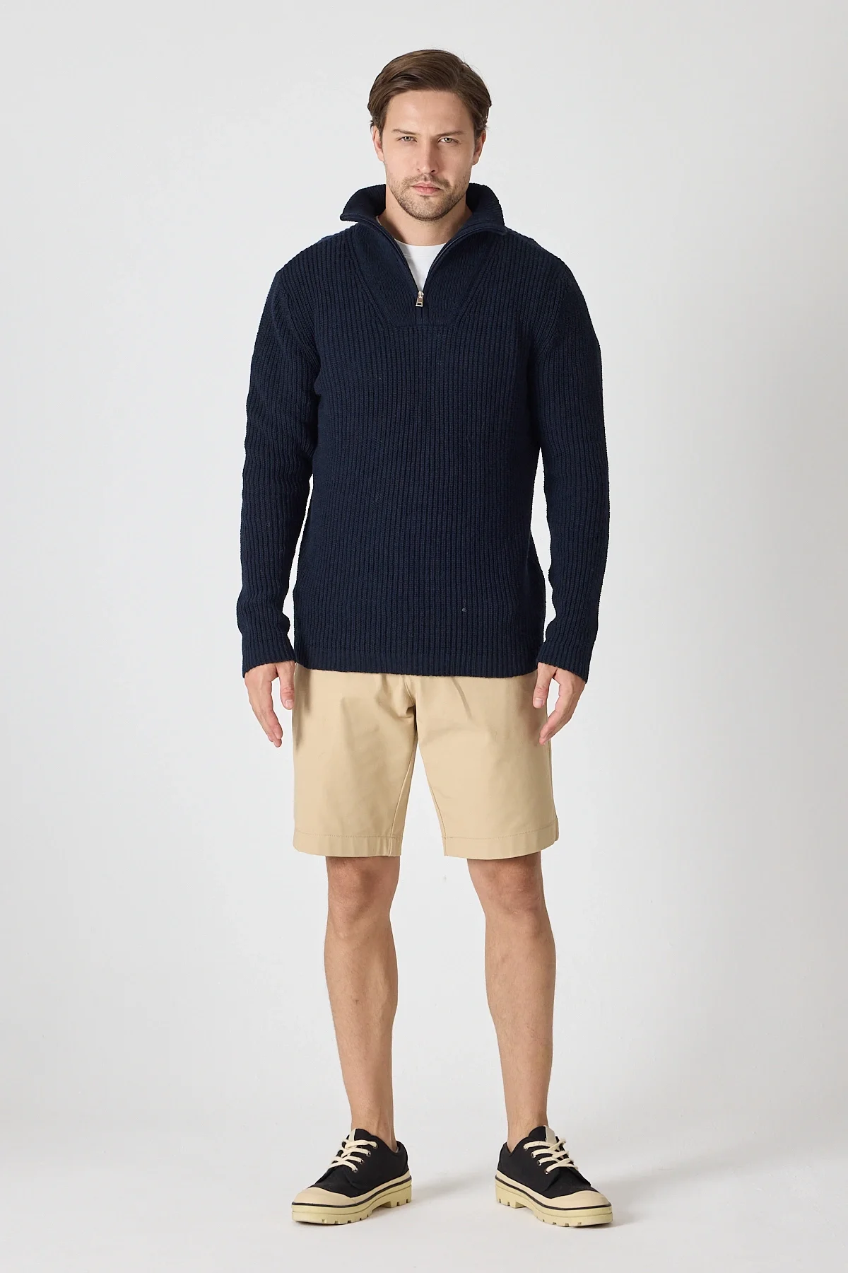 Erkek Dik Yaka Fermuarlı Triko Kazak - Lacivert