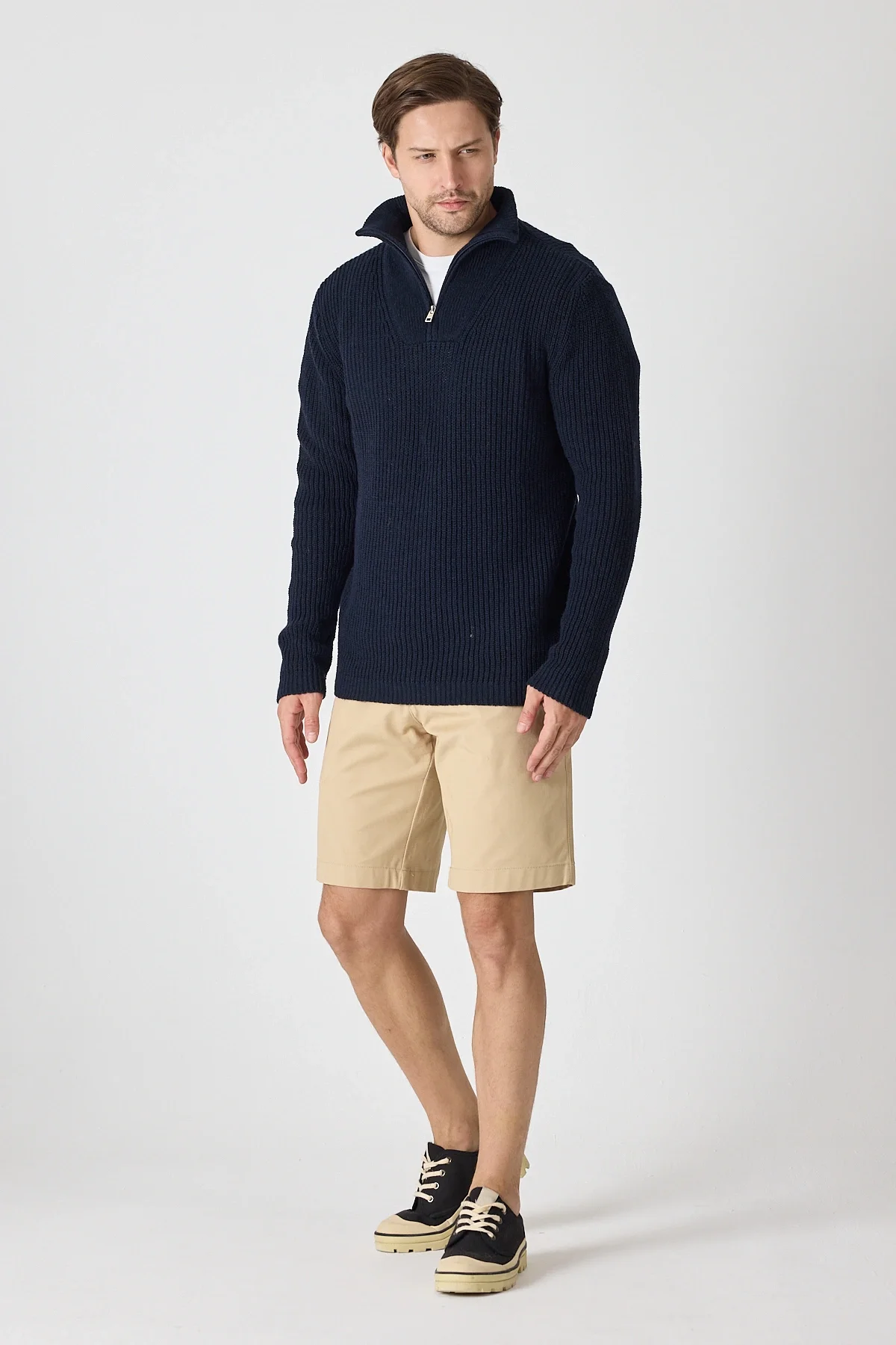 Erkek Dik Yaka Fermuarlı Triko Kazak - Lacivert