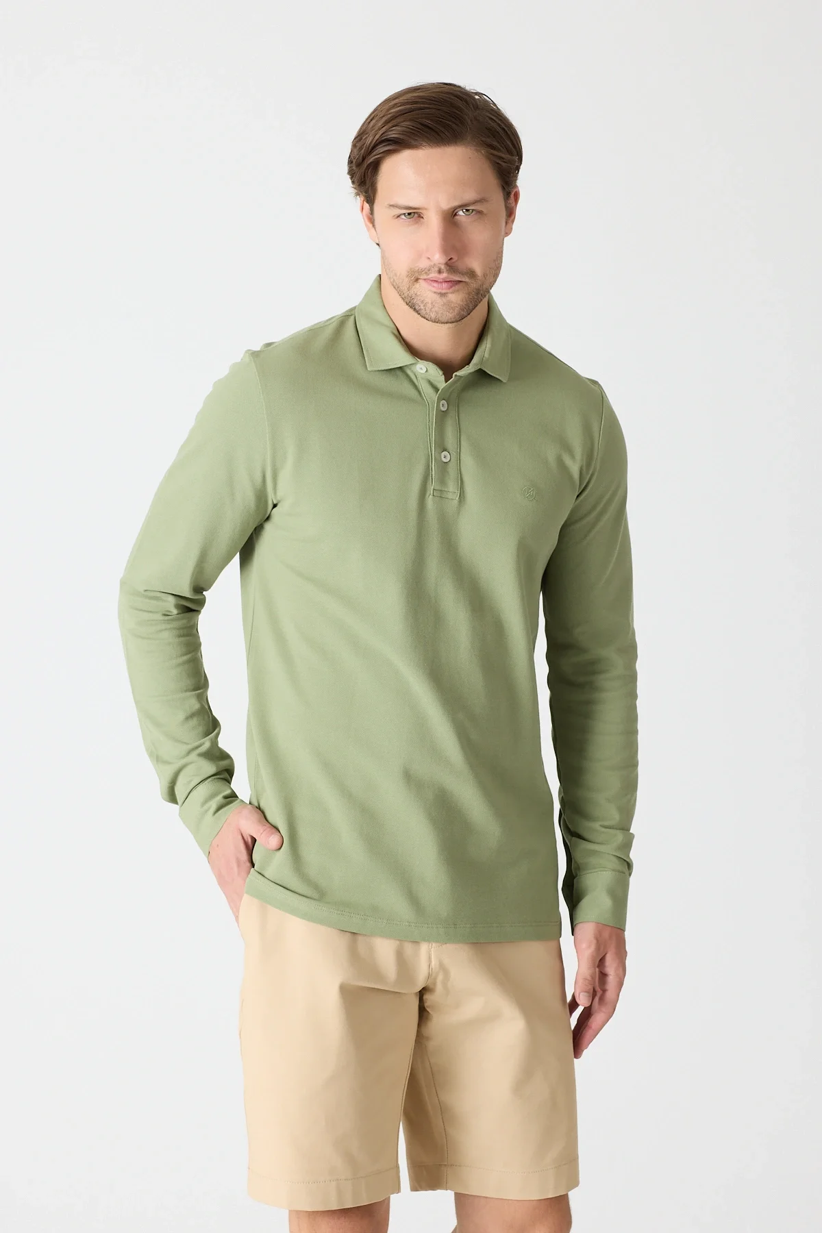 Erkek Uzun Kollu Polo Yaka Comfort Sweatshirt - Çağla