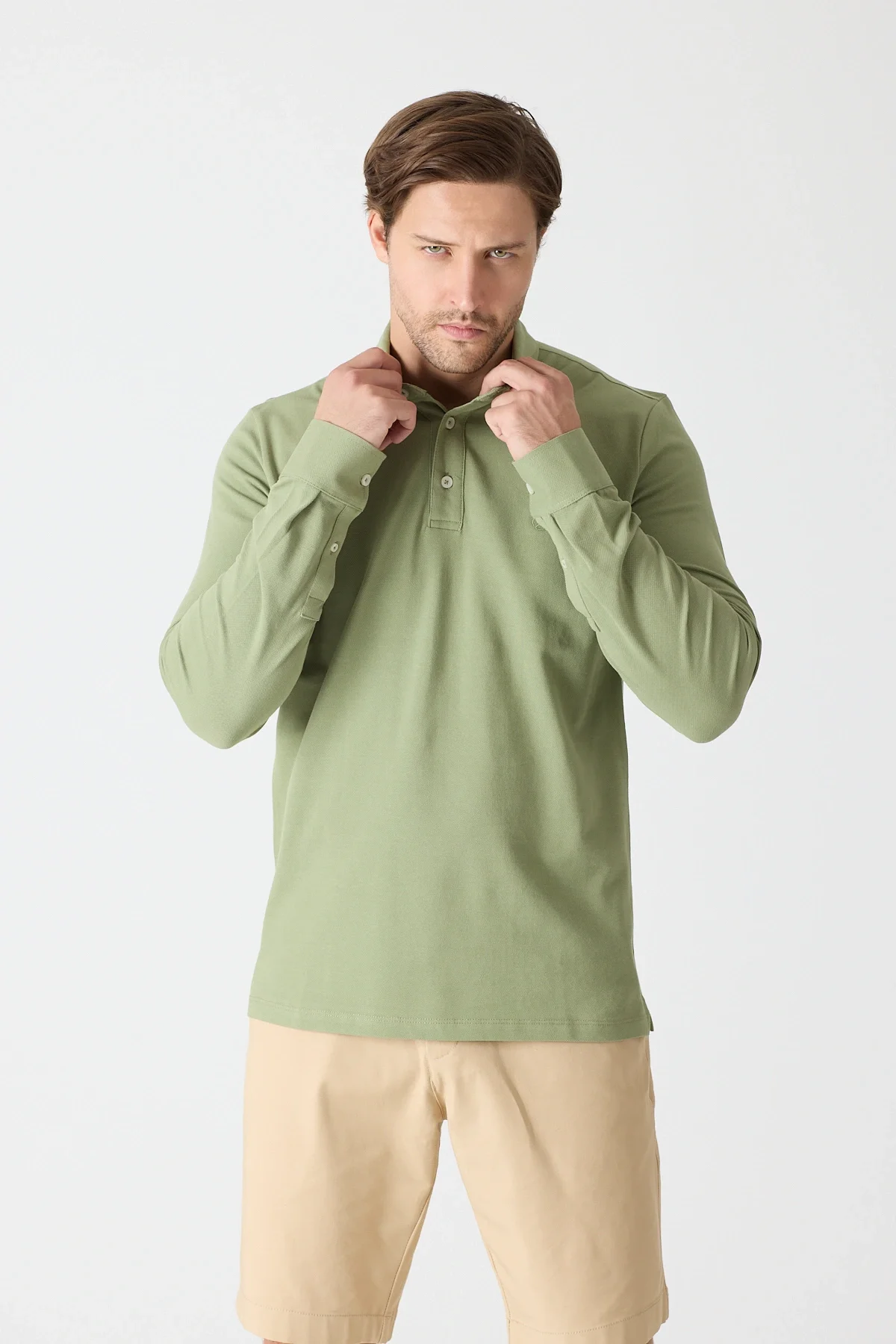 Erkek Uzun Kollu Polo Yaka Comfort Sweatshirt - Çağla