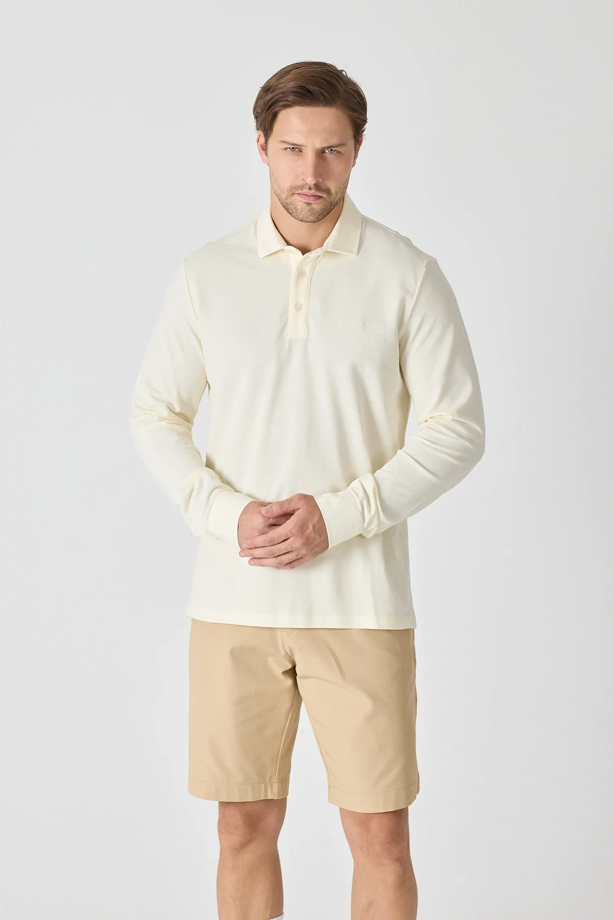 Erkek Uzun Kollu Polo Yaka Comfort Sweatshirt - Ekru