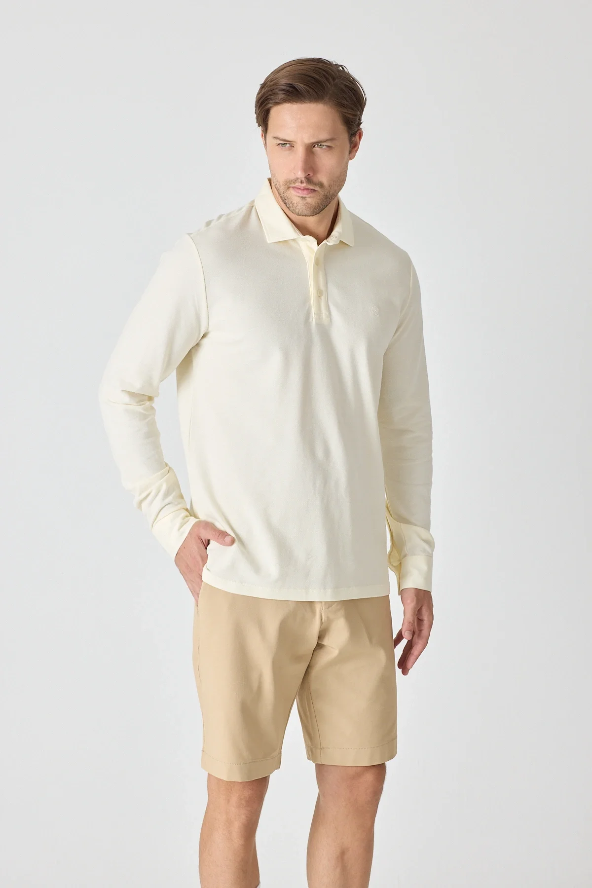 Erkek Uzun Kollu Polo Yaka Comfort Sweatshirt - Ekru