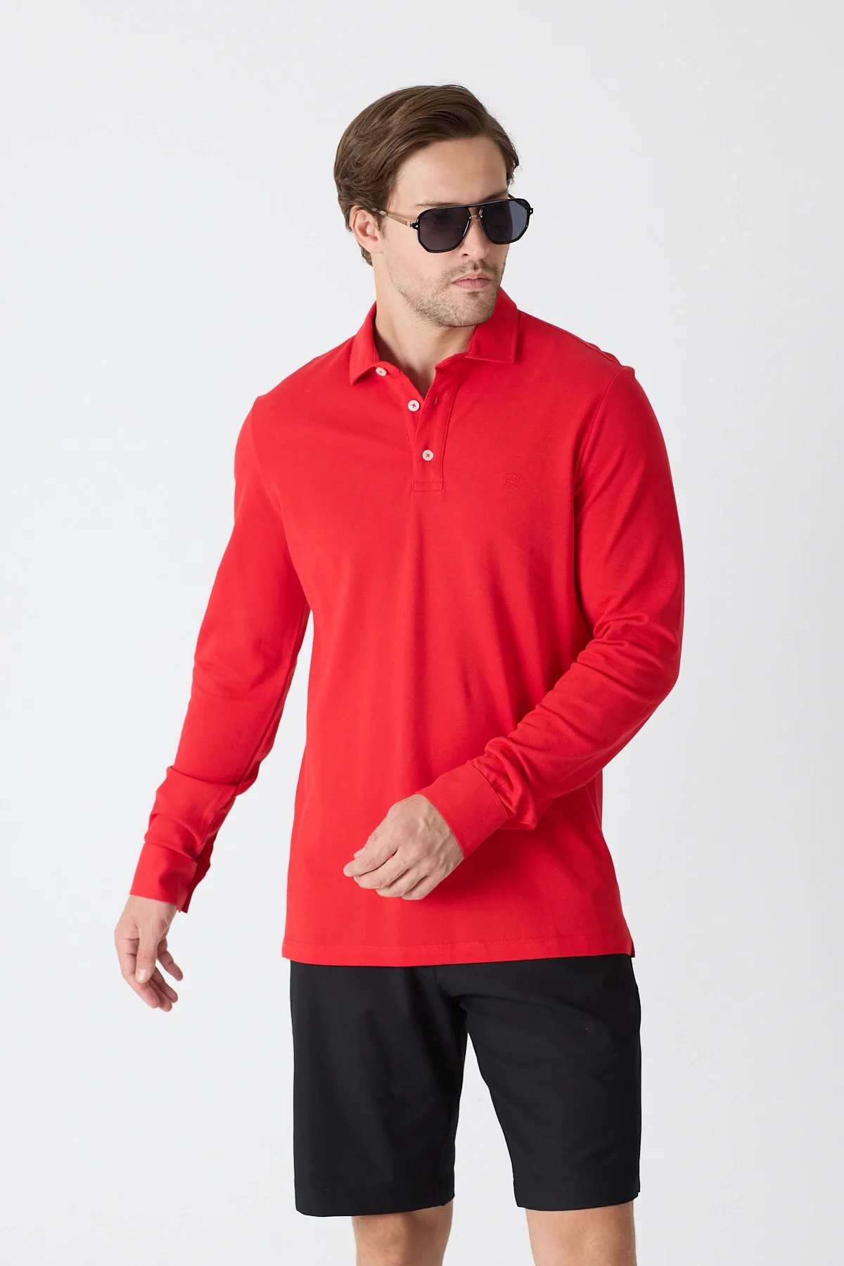 Erkek Uzun Kollu Polo Yaka Comfort Sweatshirt - Kırmızı