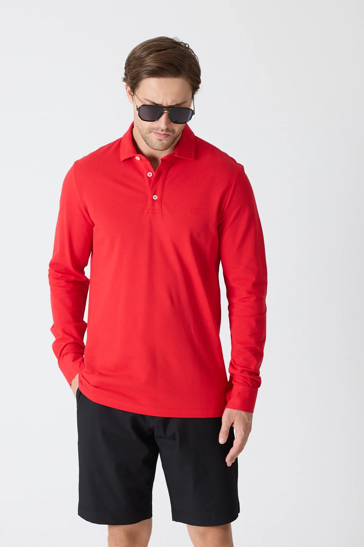 Erkek Uzun Kollu Polo Yaka Comfort Sweatshirt - Kırmızı