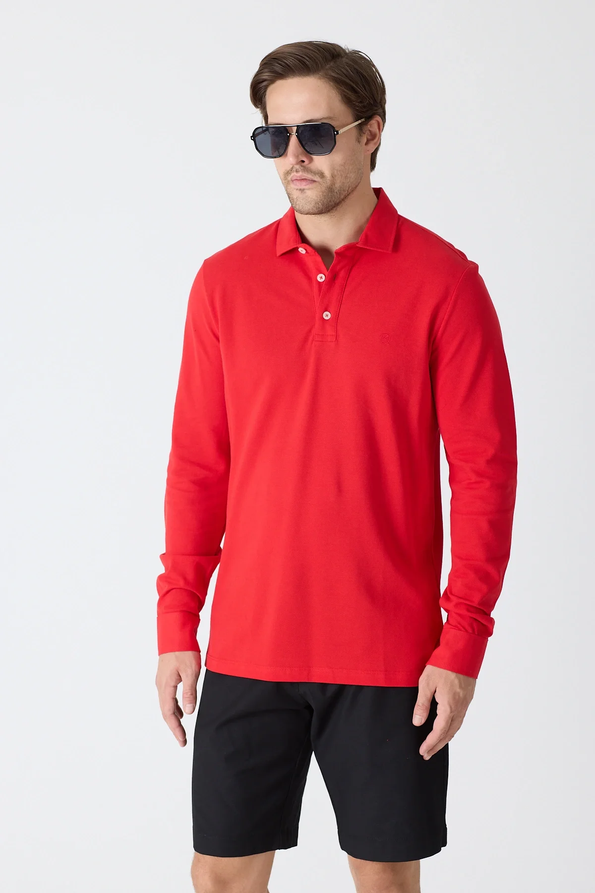 Erkek Uzun Kollu Polo Yaka Comfort Sweatshirt - Kırmızı