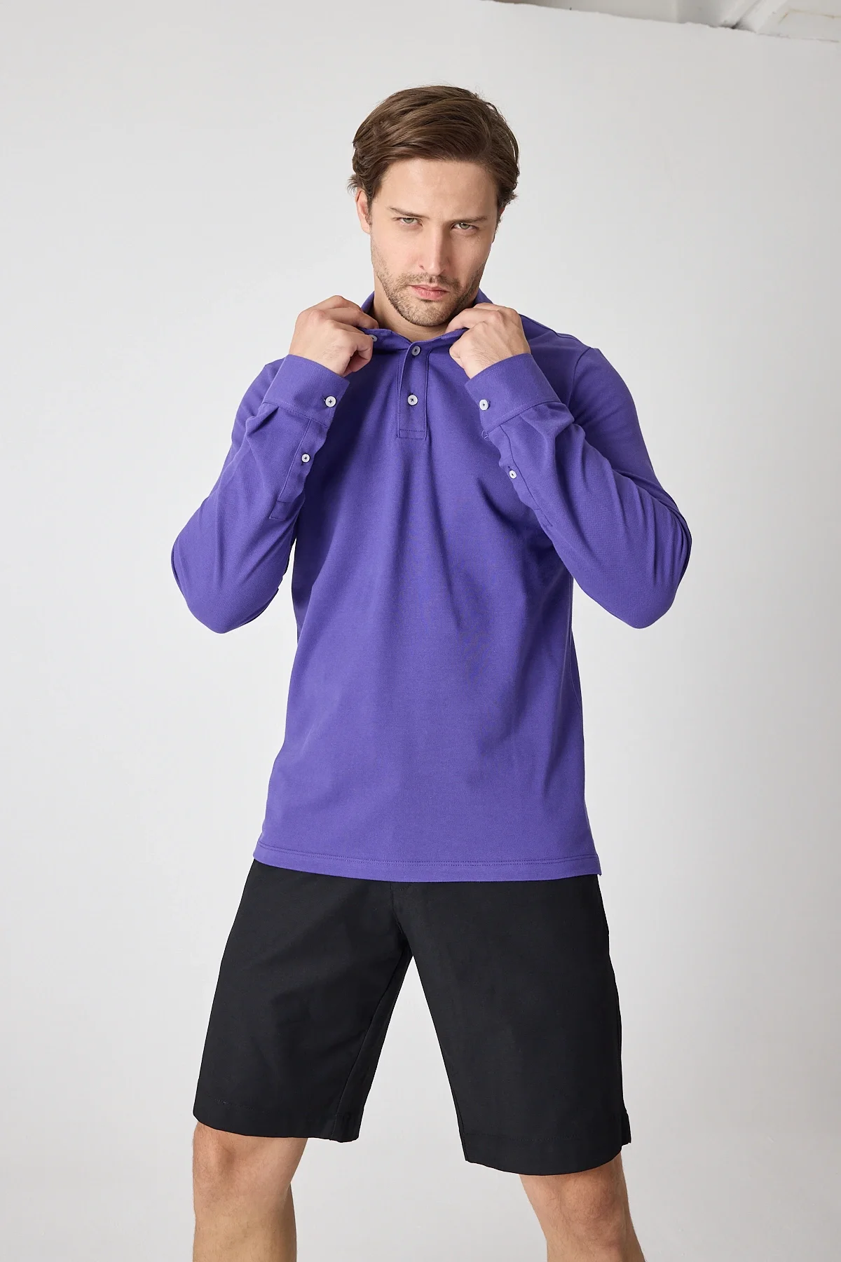Erkek Uzun Kollu Polo Yaka Comfort Sweatshirt - Mor