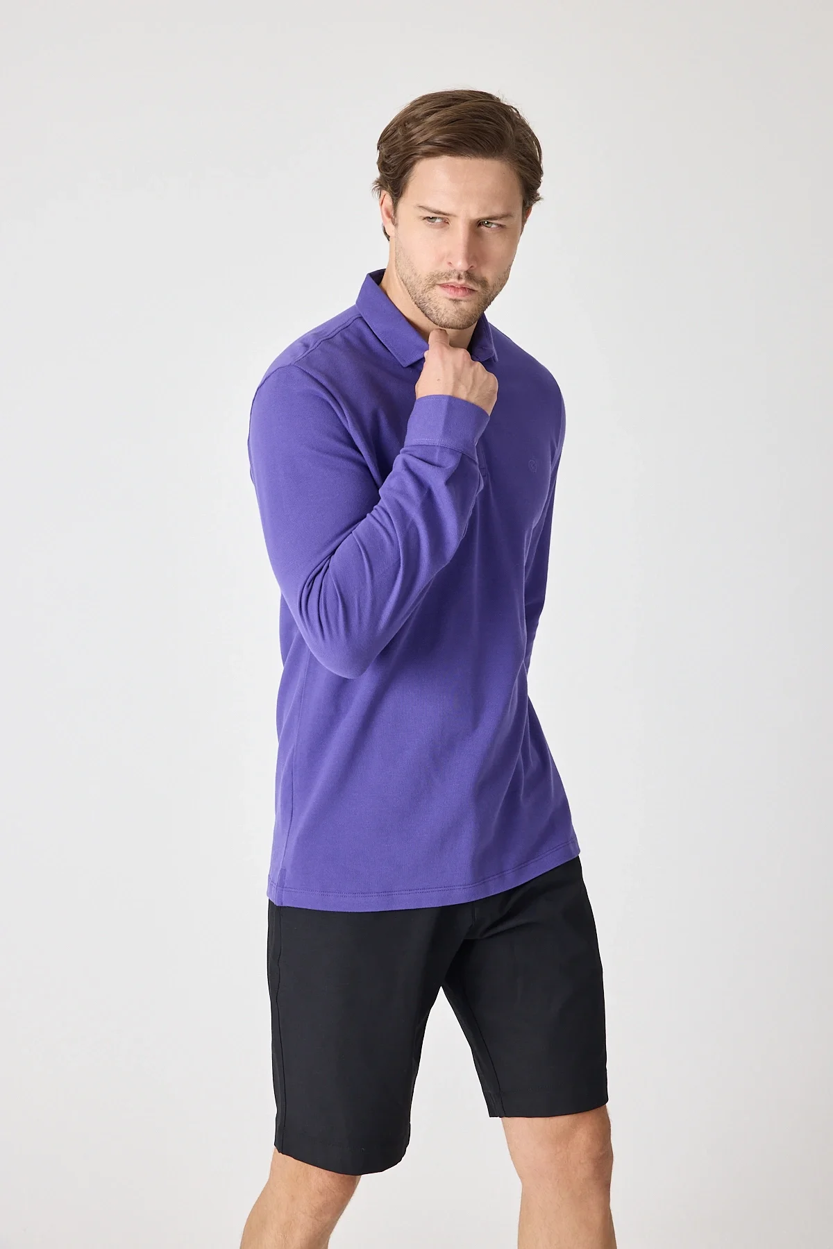 Erkek Uzun Kollu Polo Yaka Comfort Sweatshirt - Mor