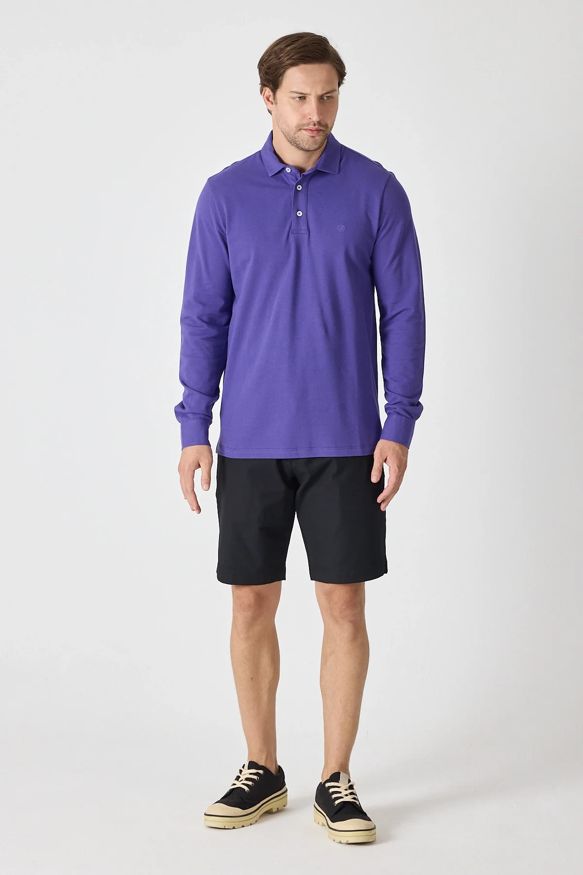 Erkek Uzun Kollu Polo Yaka Comfort Sweatshirt - Mor