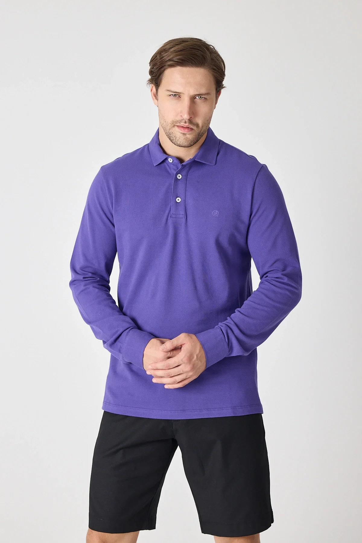 Erkek Uzun Kollu Polo Yaka Comfort Sweatshirt - Mor