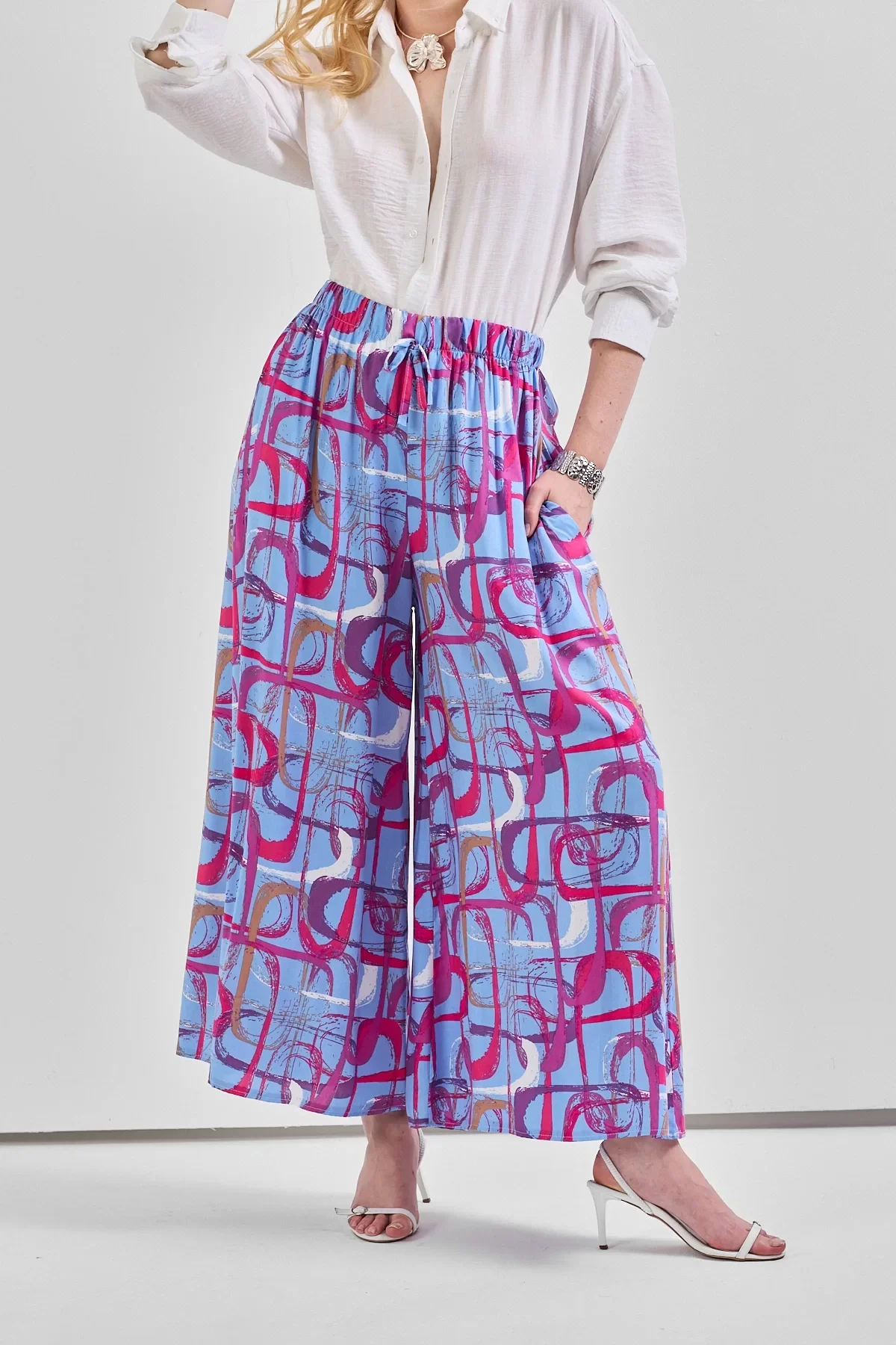 Geniş Paça Bel Lastikli Baskı Detaylı Viskon Pantolon Lila