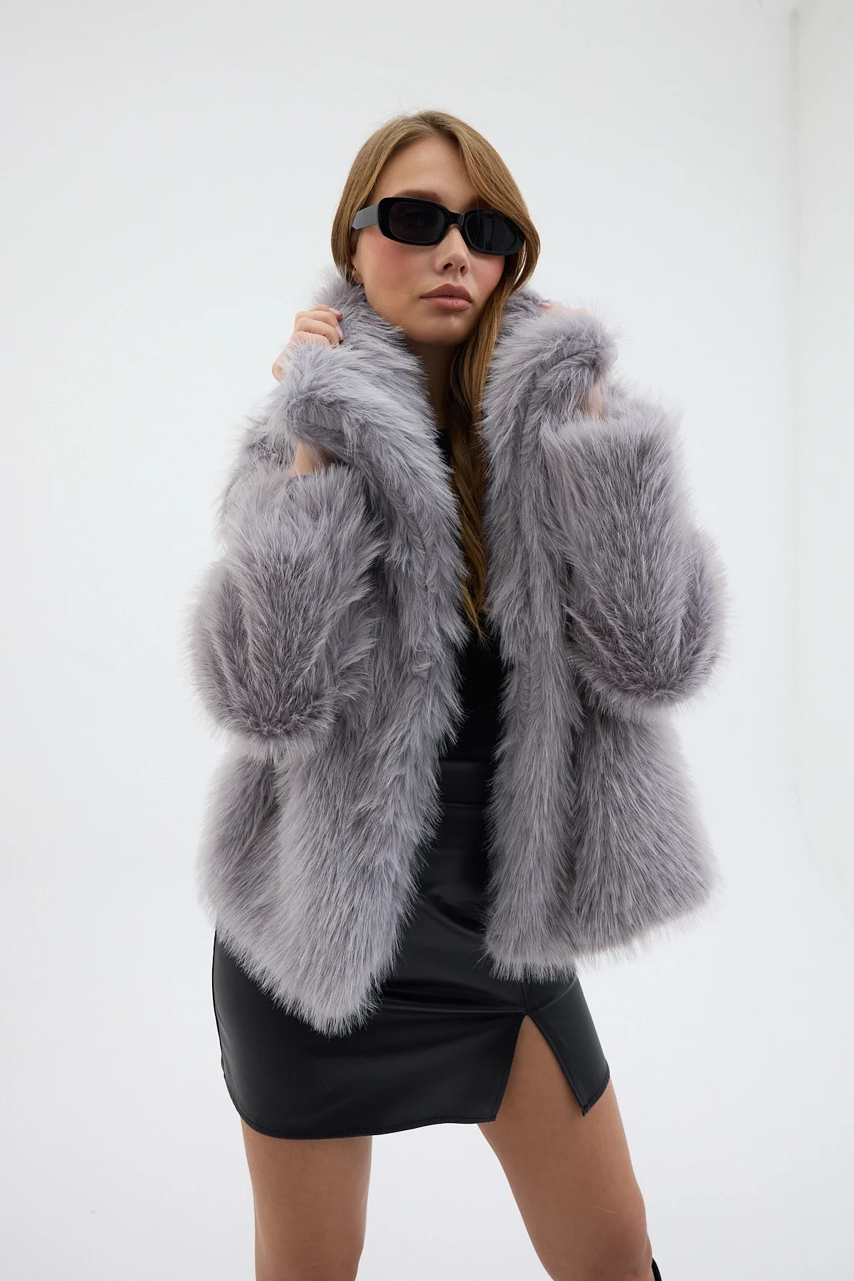 Kadın Peluş Kürk Premium Mont Gri