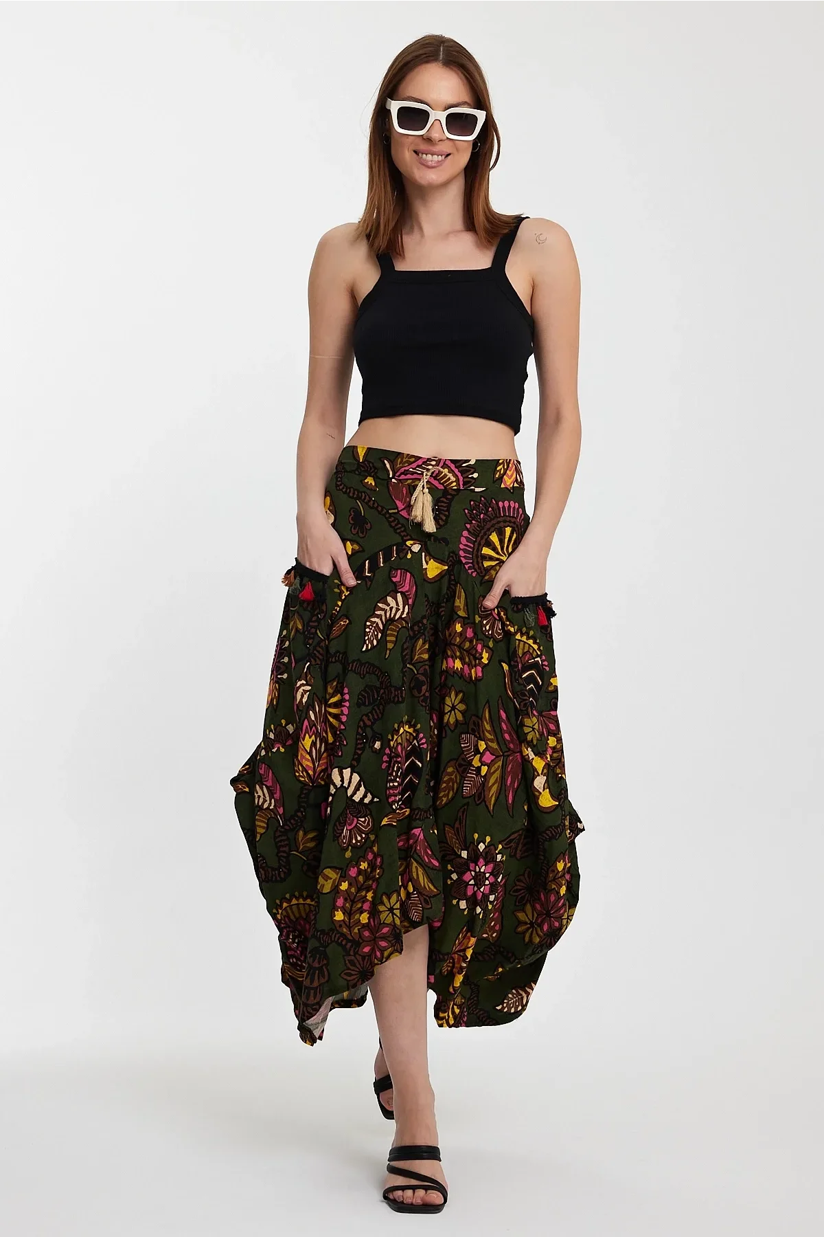 Kadın Bağcıklı Desenli Bel Kısmı Lastikli Otantik Etek