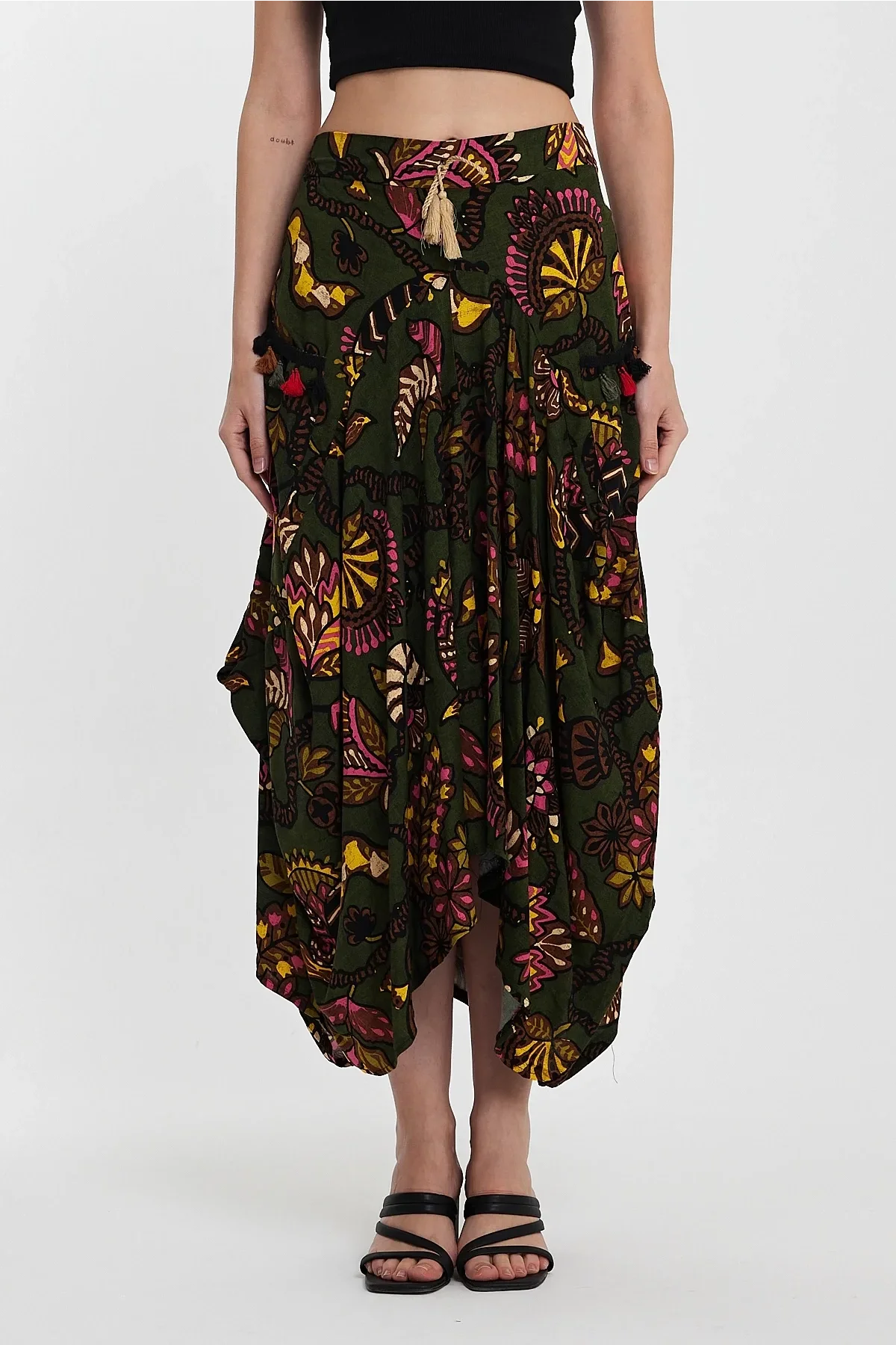 Kadın Bağcıklı Desenli Bel Kısmı Lastikli Otantik Etek