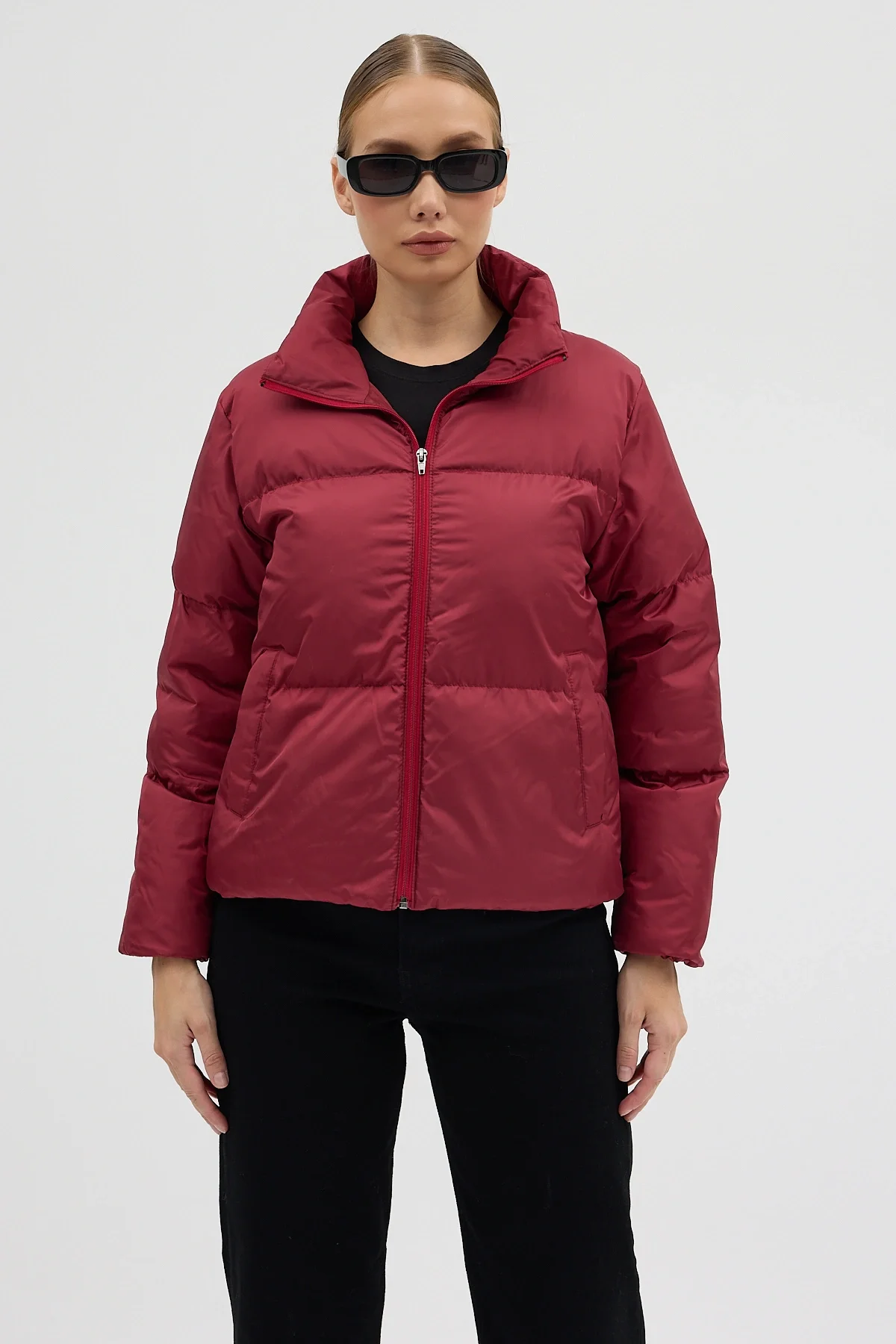 Kadın Bordo Fermuarlı Astarlı Kısa Şişme Mont