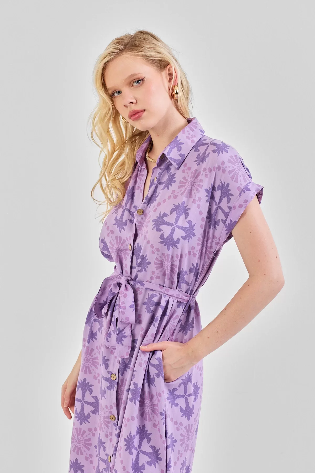 Kadın Desenli Kuşak Detaylı Gömlek Elbise Lila