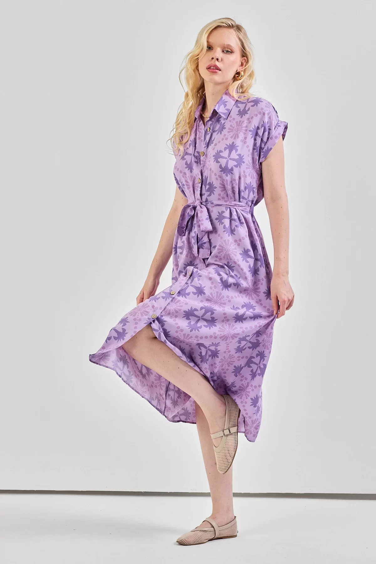 Kadın Desenli Kuşak Detaylı Gömlek Elbise Lila