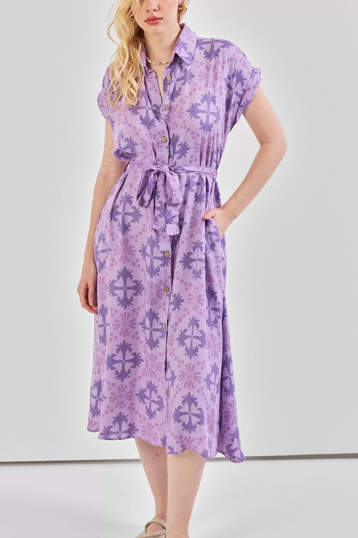 Kadın Desenli Kuşak Detaylı Gömlek Elbise Lila