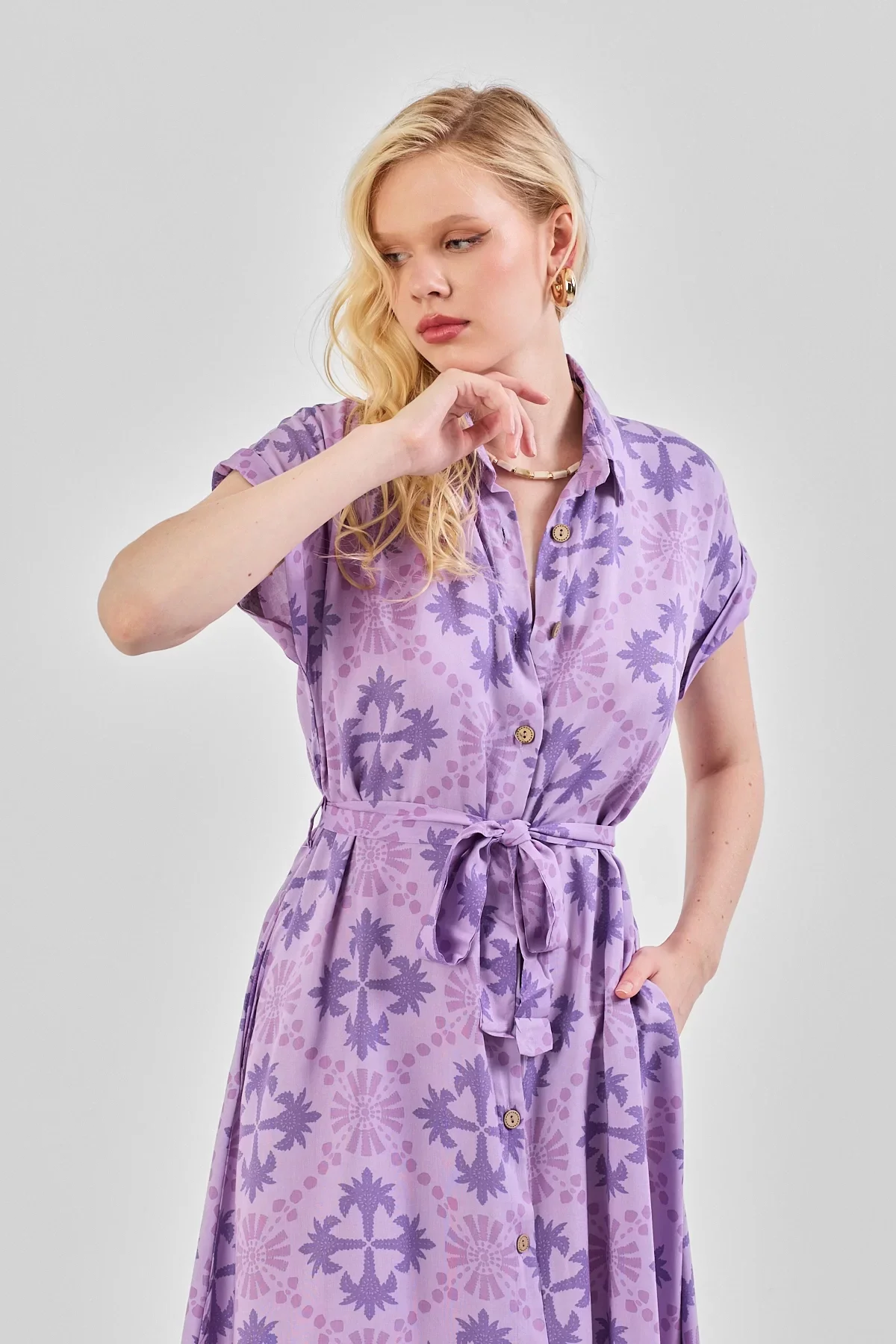 Kadın Desenli Kuşak Detaylı Gömlek Elbise Lila