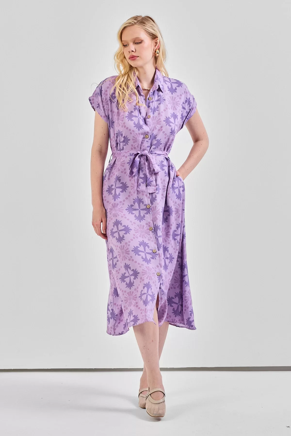Kadın Desenli Kuşak Detaylı Gömlek Elbise Lila