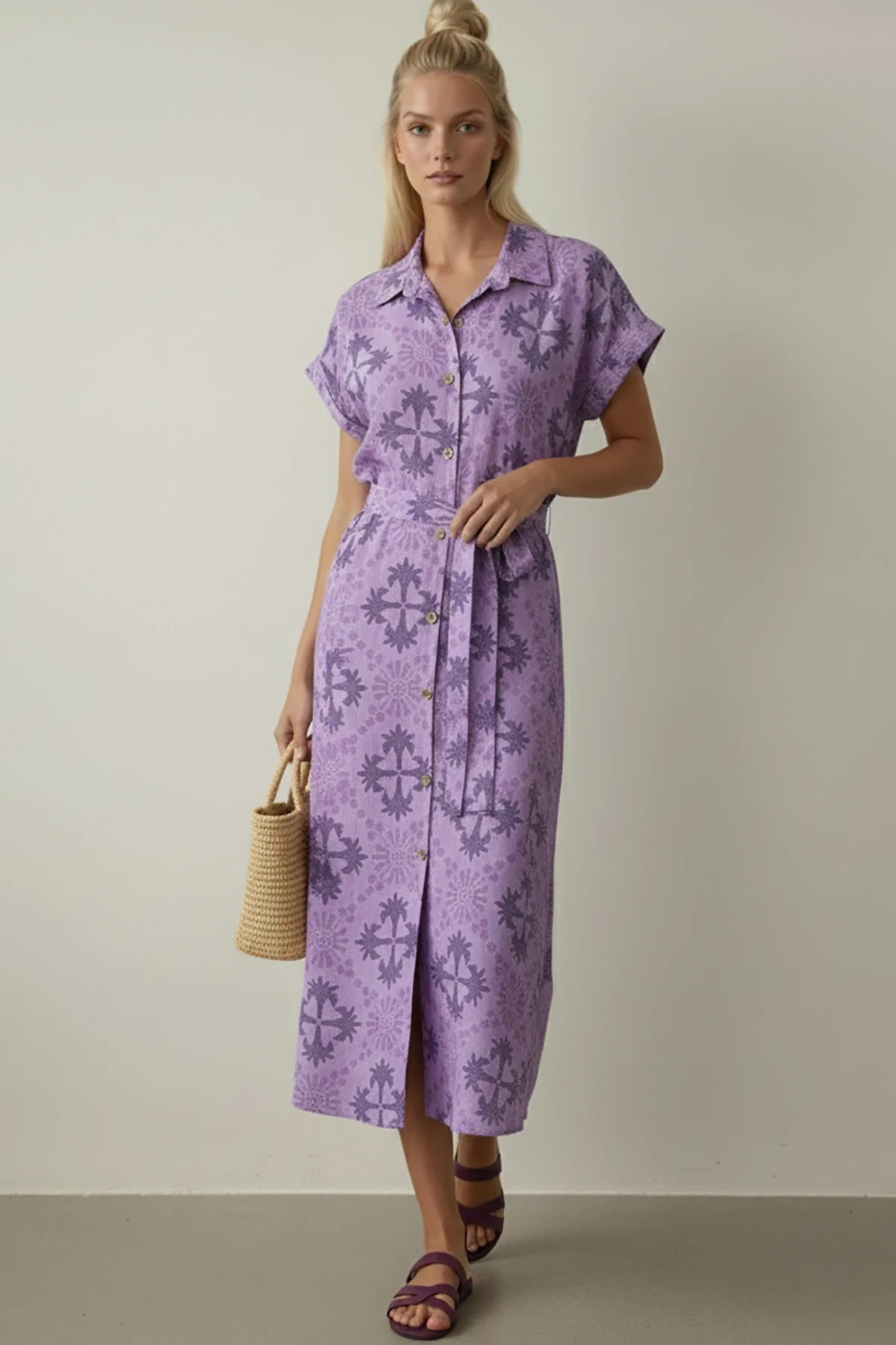 Kadın Desenli Kuşak Detaylı Gömlek Elbise Lila