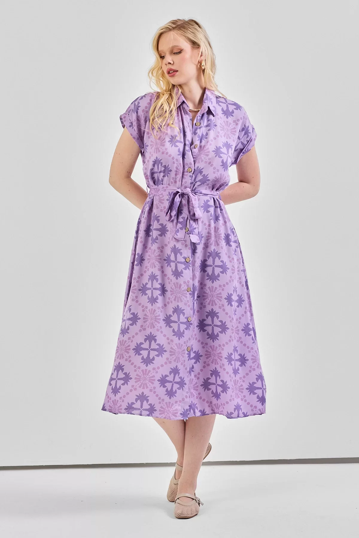 Kadın Desenli Kuşak Detaylı Gömlek Elbise Lila