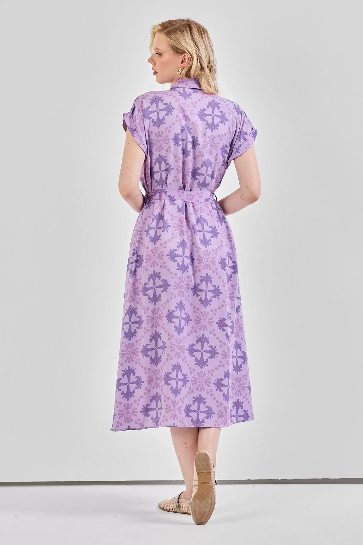 Kadın Desenli Kuşak Detaylı Gömlek Elbise Lila