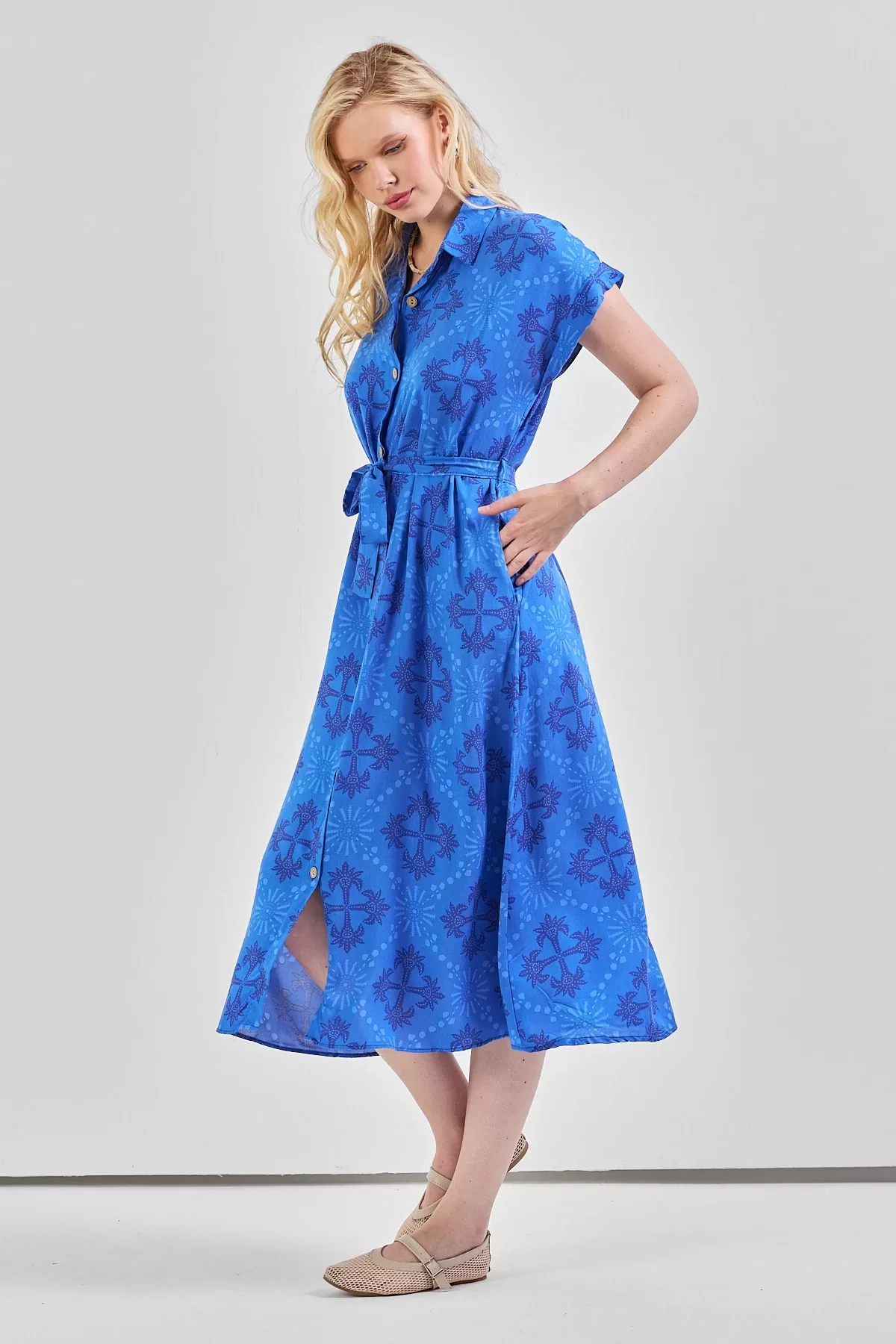 Kadın Desenli Kuşak Detaylı Gömlek Elbise Saks Mavi