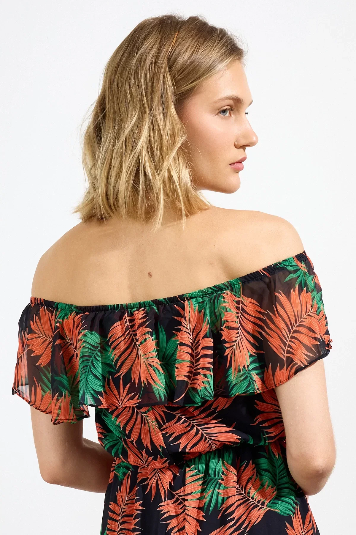 Kadın Desenli Madonna Yaka Midi Şifon Elbise 4448 115