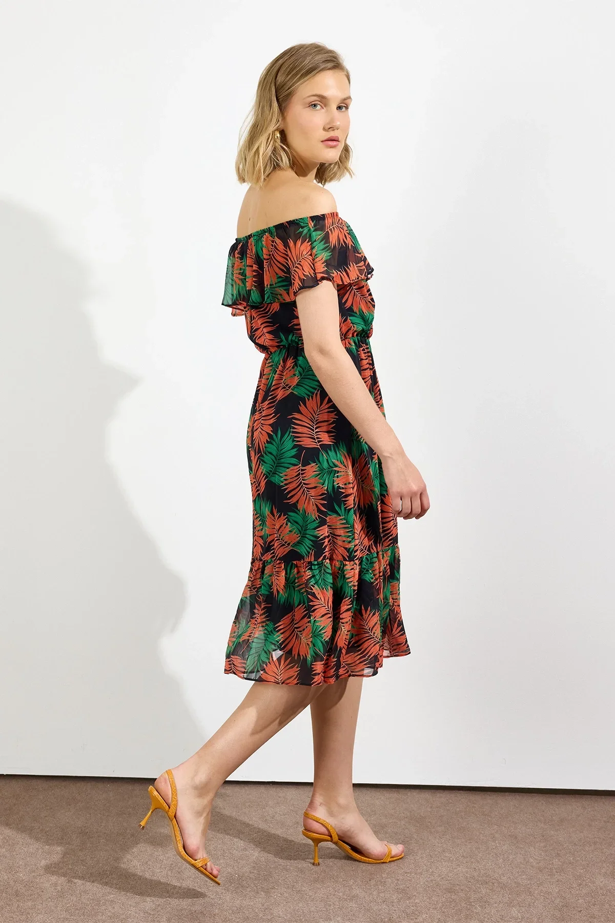 Kadın Desenli Madonna Yaka Midi Şifon Elbise 4448 115