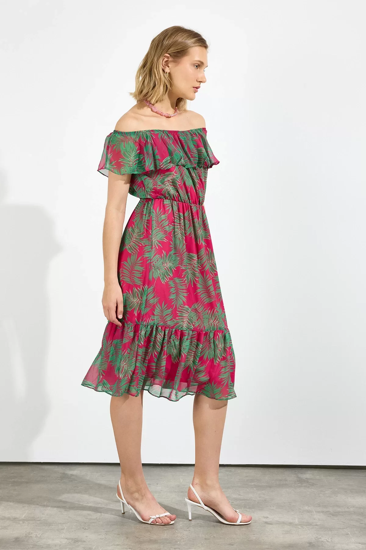 Kadın Desenli Madonna Yaka Midi Şifon Elbise 4448 115