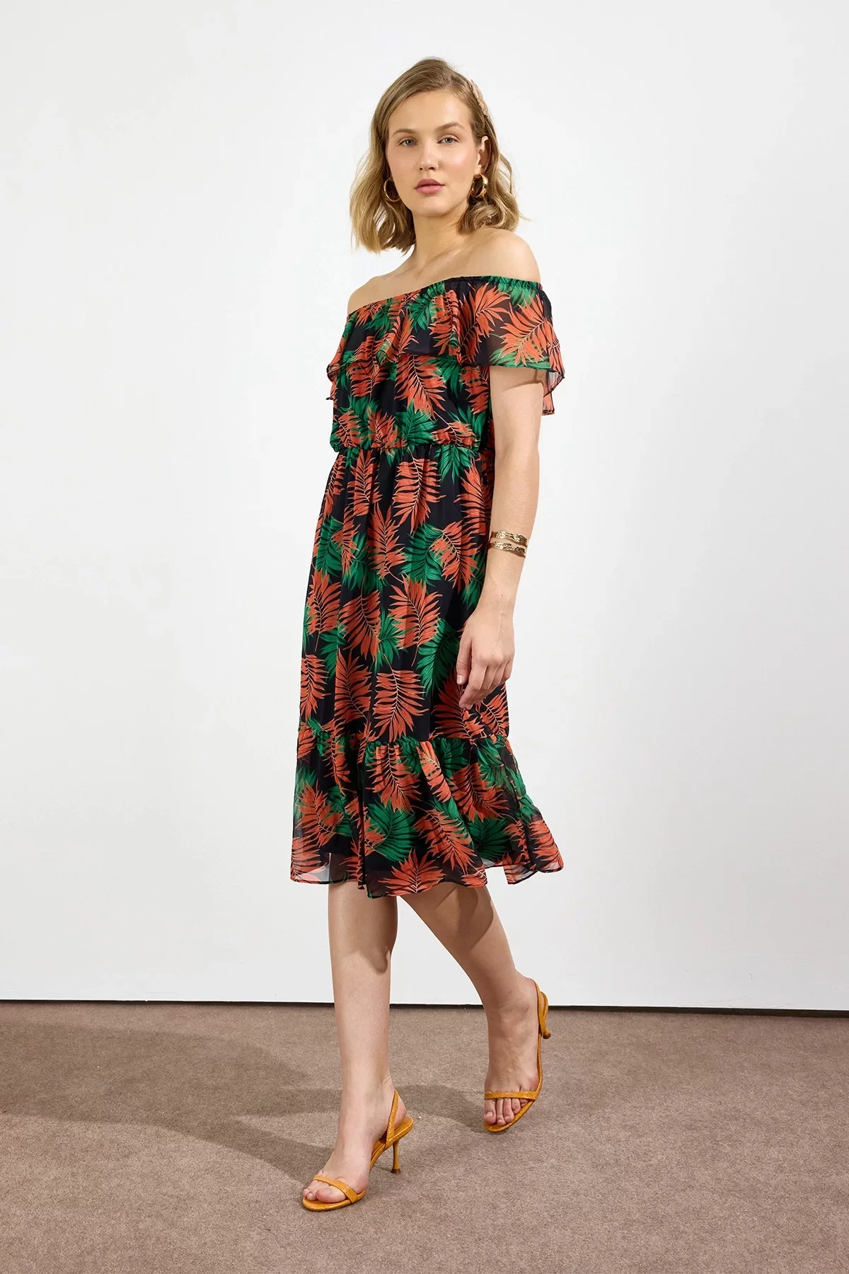 Kadın Desenli Madonna Yaka Midi Şifon Elbise 4448 115