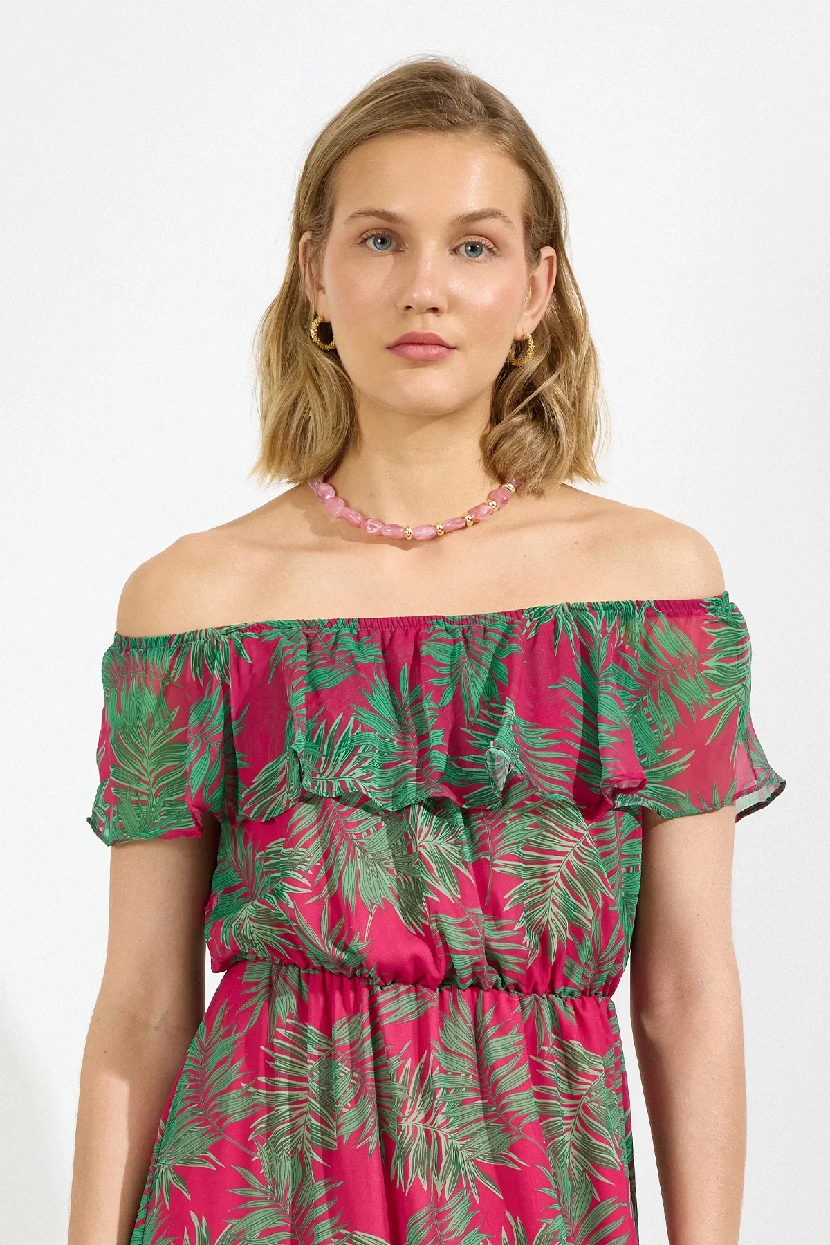 Kadın Desenli Madonna Yaka Midi Şifon Elbise 4448 115