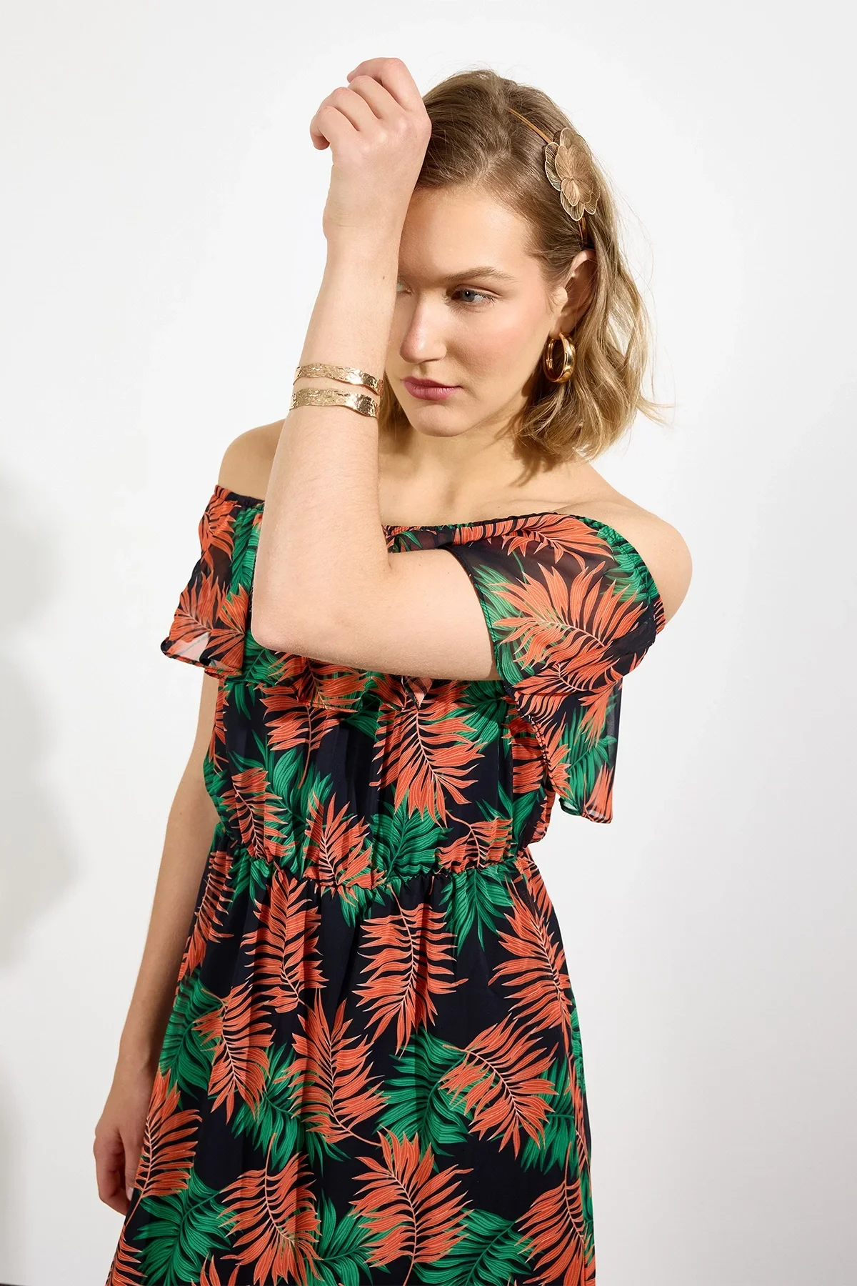 Kadın Desenli Madonna Yaka Midi Şifon Elbise 4448 115