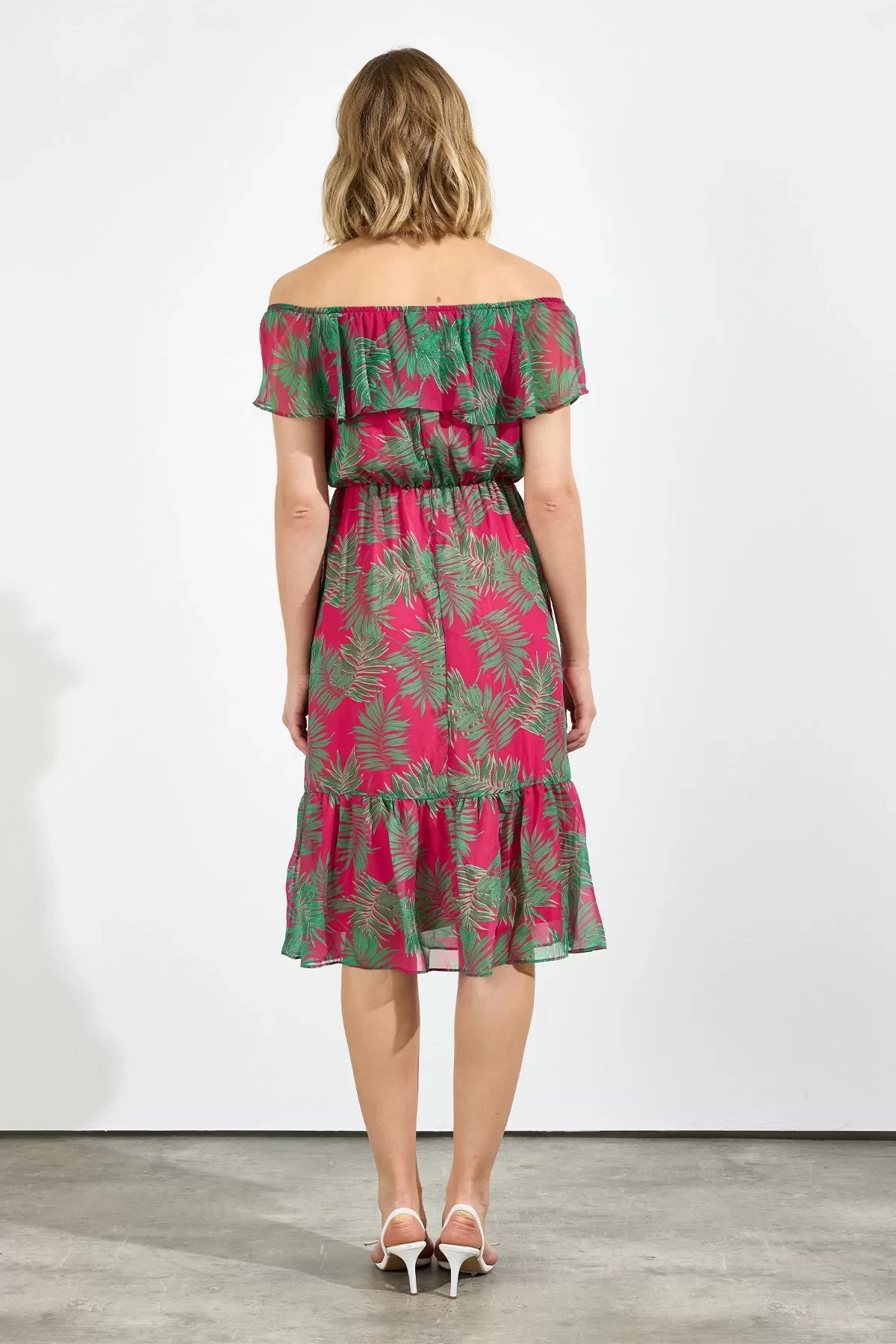 Kadın Desenli Madonna Yaka Midi Şifon Elbise 4448 115