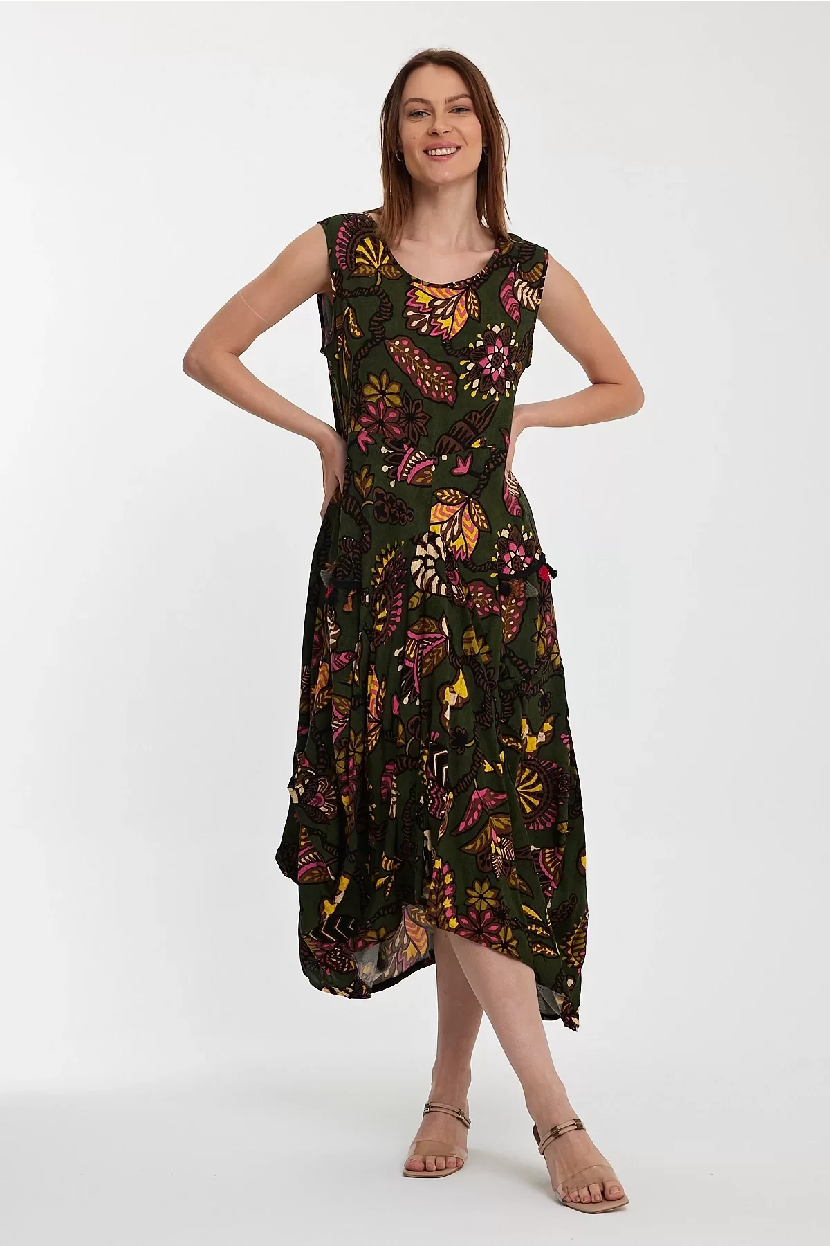 Kadın Etnik Desen Cepli Sıfırkol Şalvar Etek Elbise