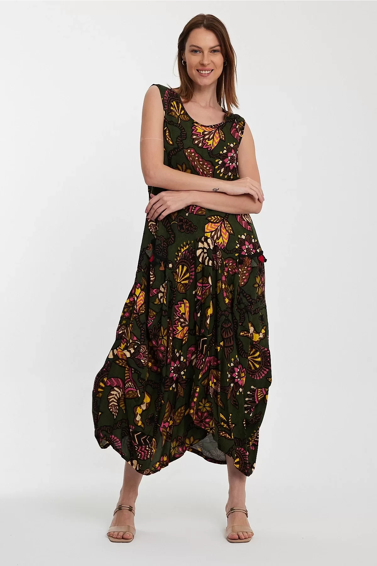 Kadın Etnik Desen Cepli Sıfırkol Şalvar Etek Elbise