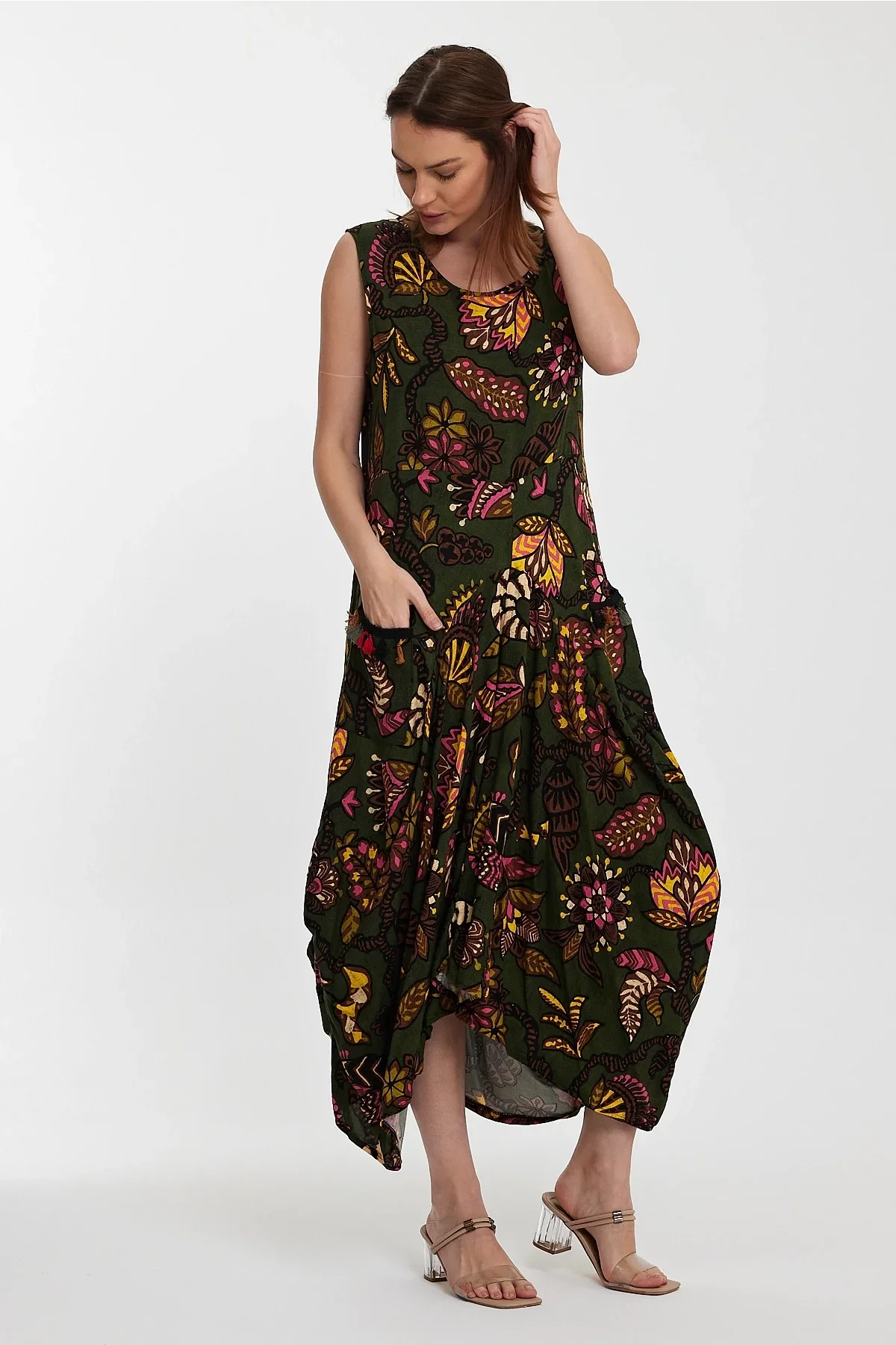 Kadın Etnik Desen Cepli Sıfırkol Şalvar Etek Elbise