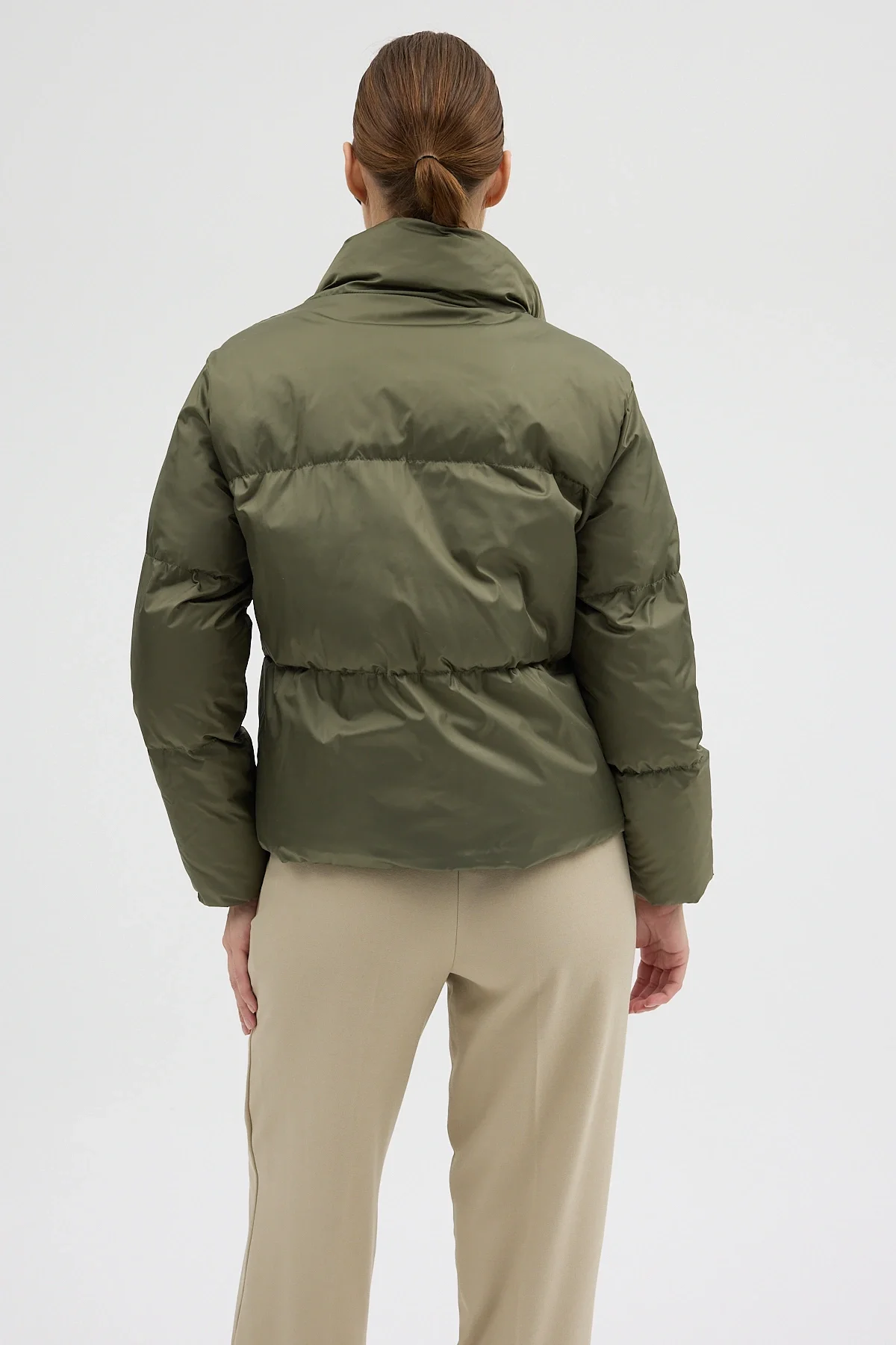 Kadın Haki Fermuarlı Astarlı Kısa Şişme Mont