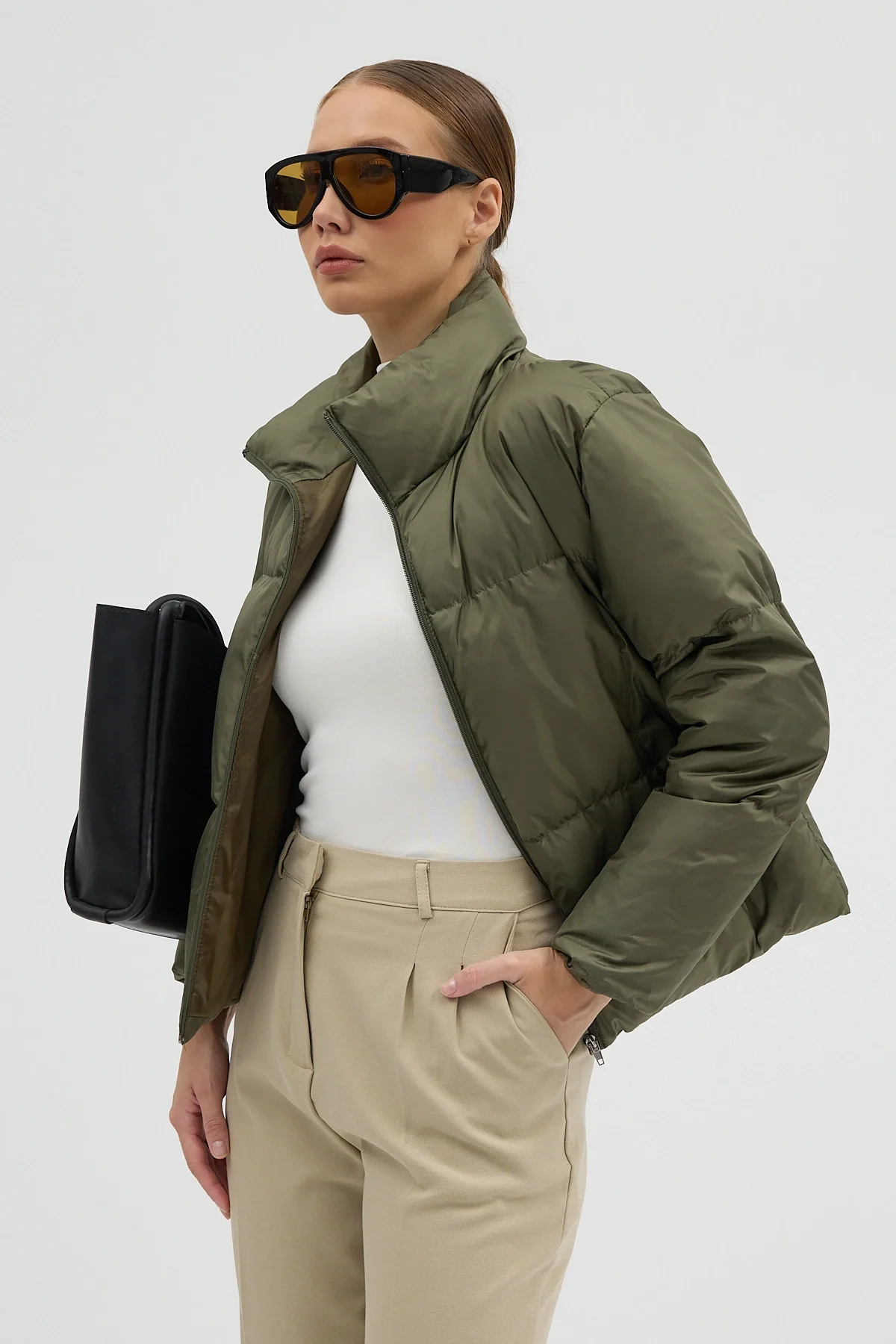 Kadın Haki Fermuarlı Astarlı Kısa Şişme Mont