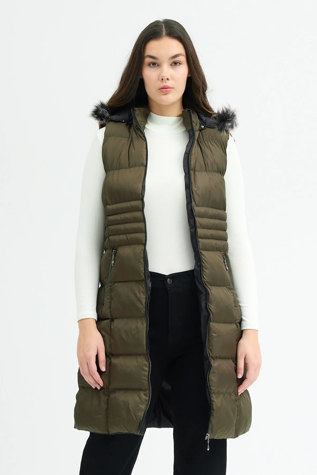 Kadın Haki Kapüşonlu Uzun Şişme Yelek