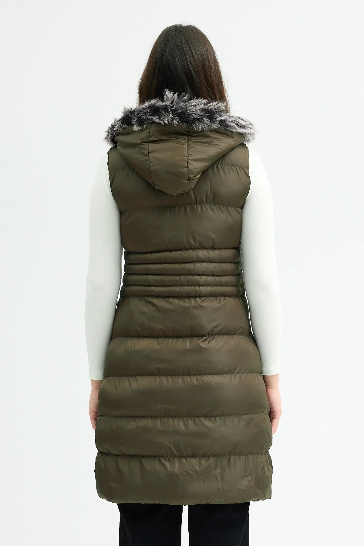 Kadın Haki Kapüşonlu Uzun Şişme Yelek