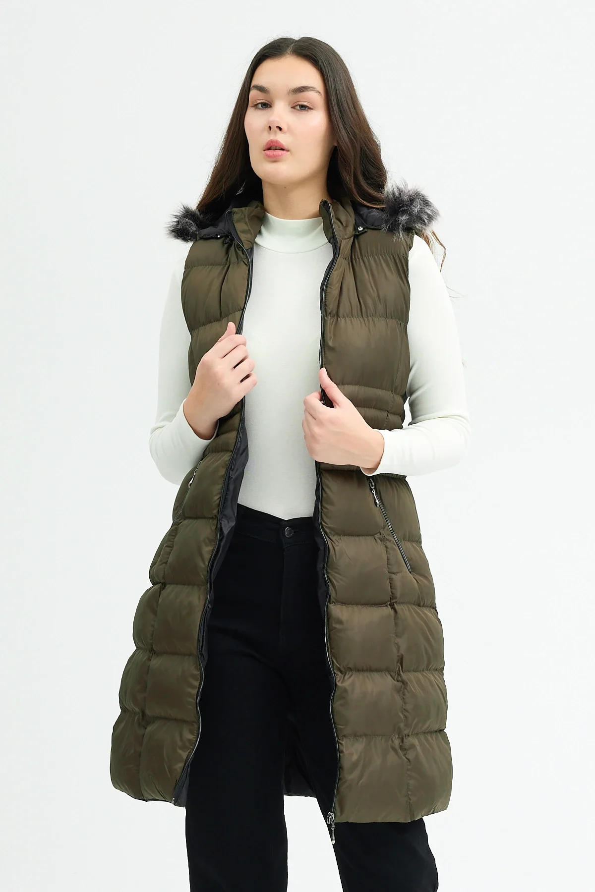 Kadın Haki Kapüşonlu Uzun Şişme Yelek