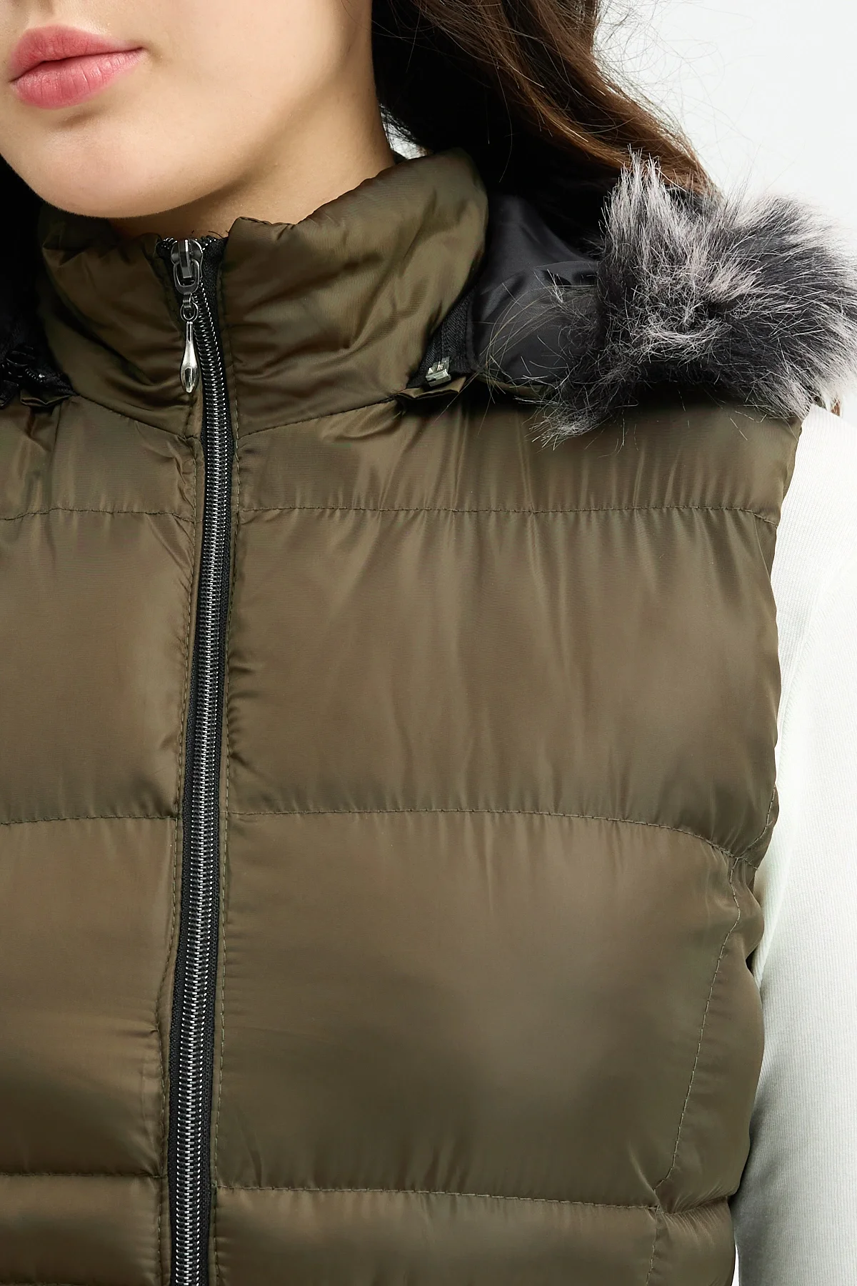 Kadın Haki Kapüşonlu Uzun Şişme Yelek