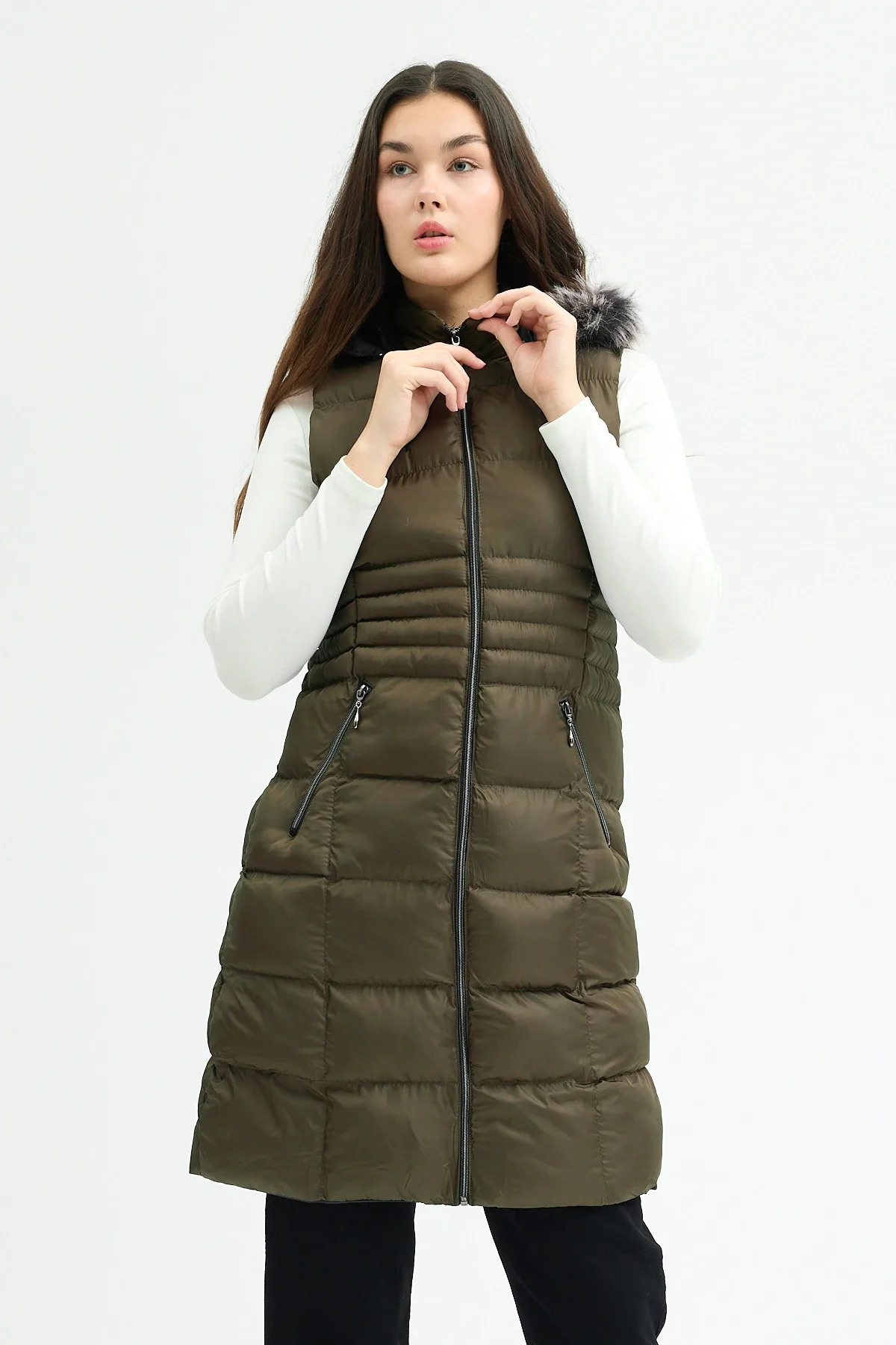 Kadın Haki Kapüşonlu Uzun Şişme Yelek